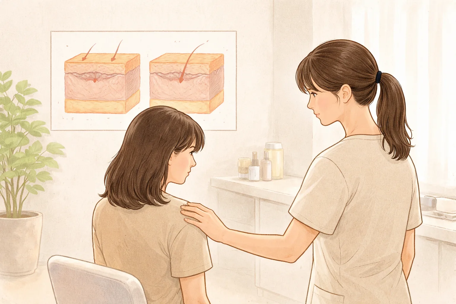 明るいカウンセリングルームで座る女性と隣に立つ医療スタッフ