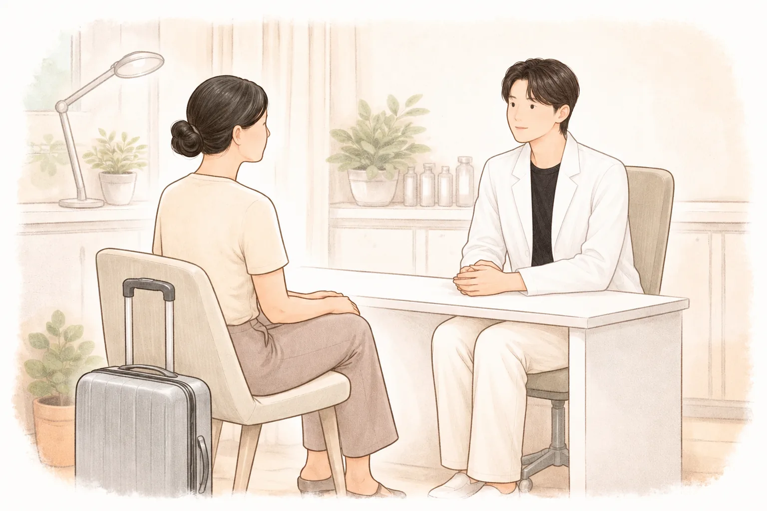 여행 가방 옆에 두고 앉아 상담하는 두 여성과 하얀 의자와 책상
