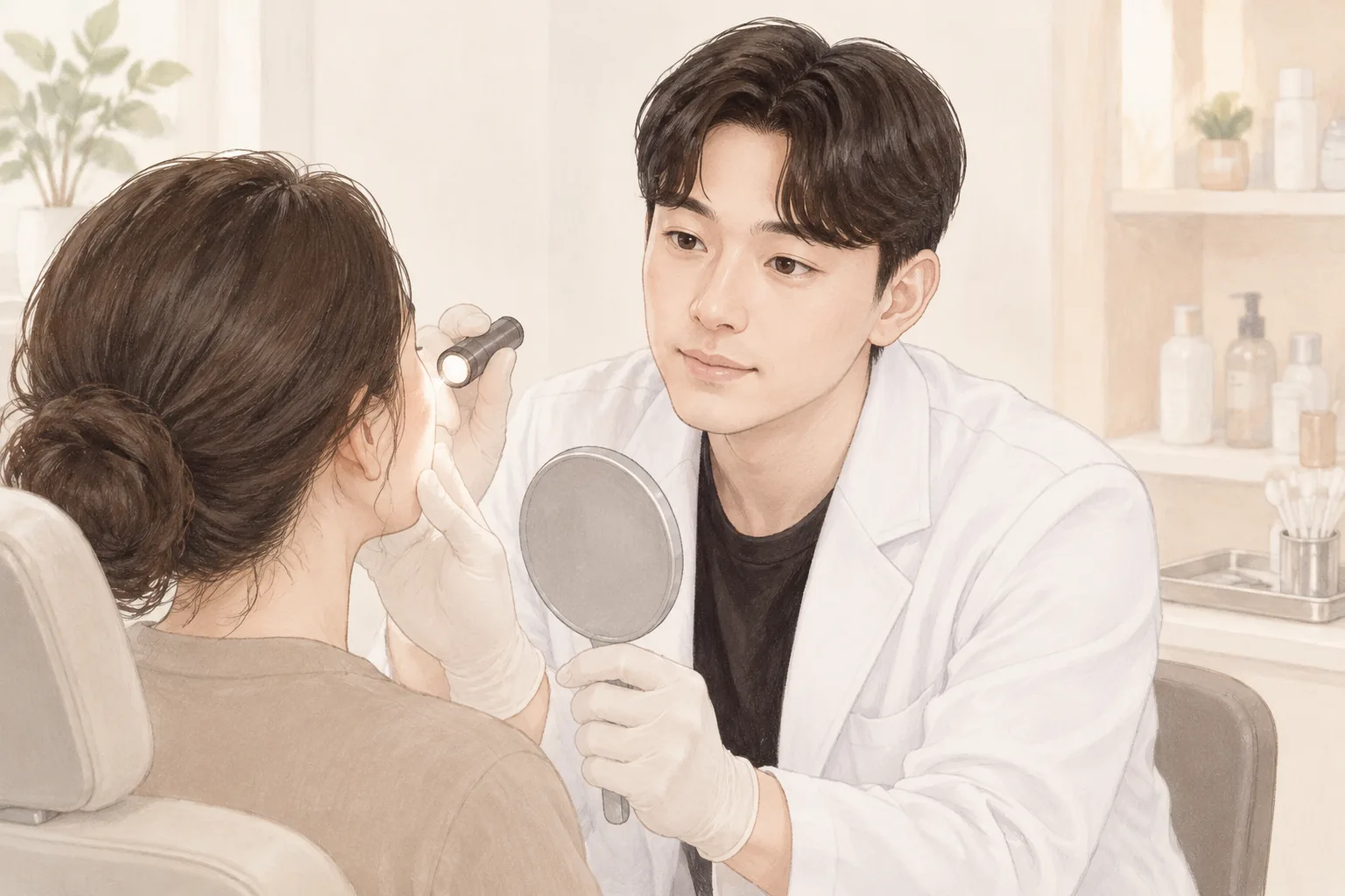 Man in a white coat examining a patient's cheek with a flashlight and mirror