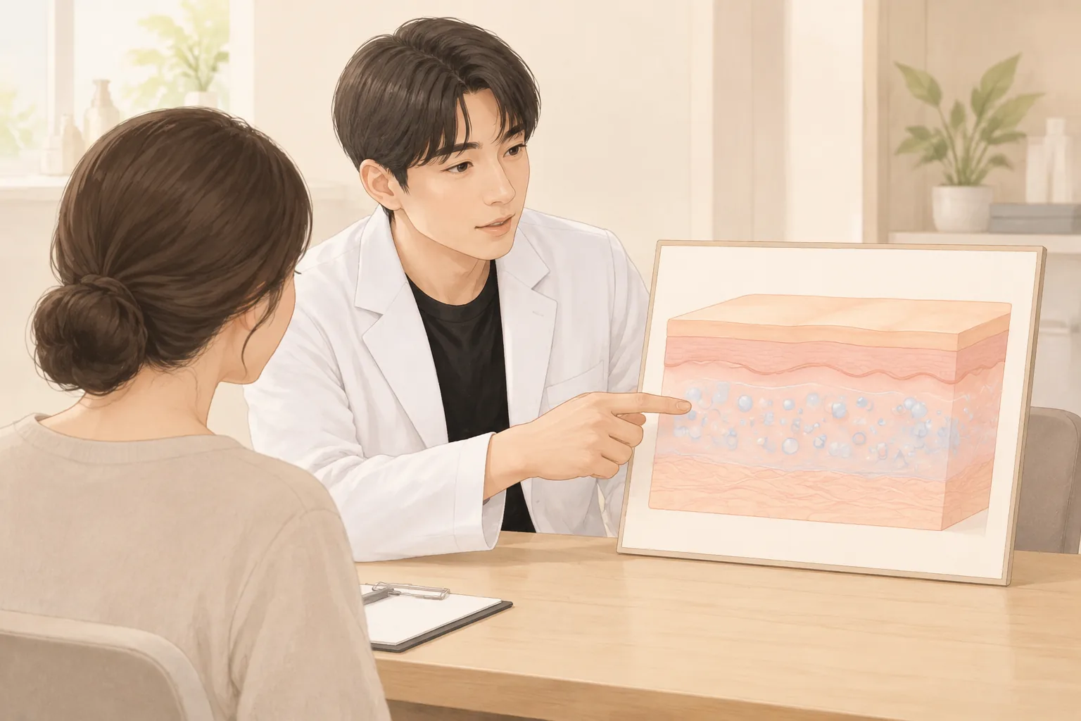 남성이 피부 단면 그림을 가리키며 여성에게 설명하는 모습
