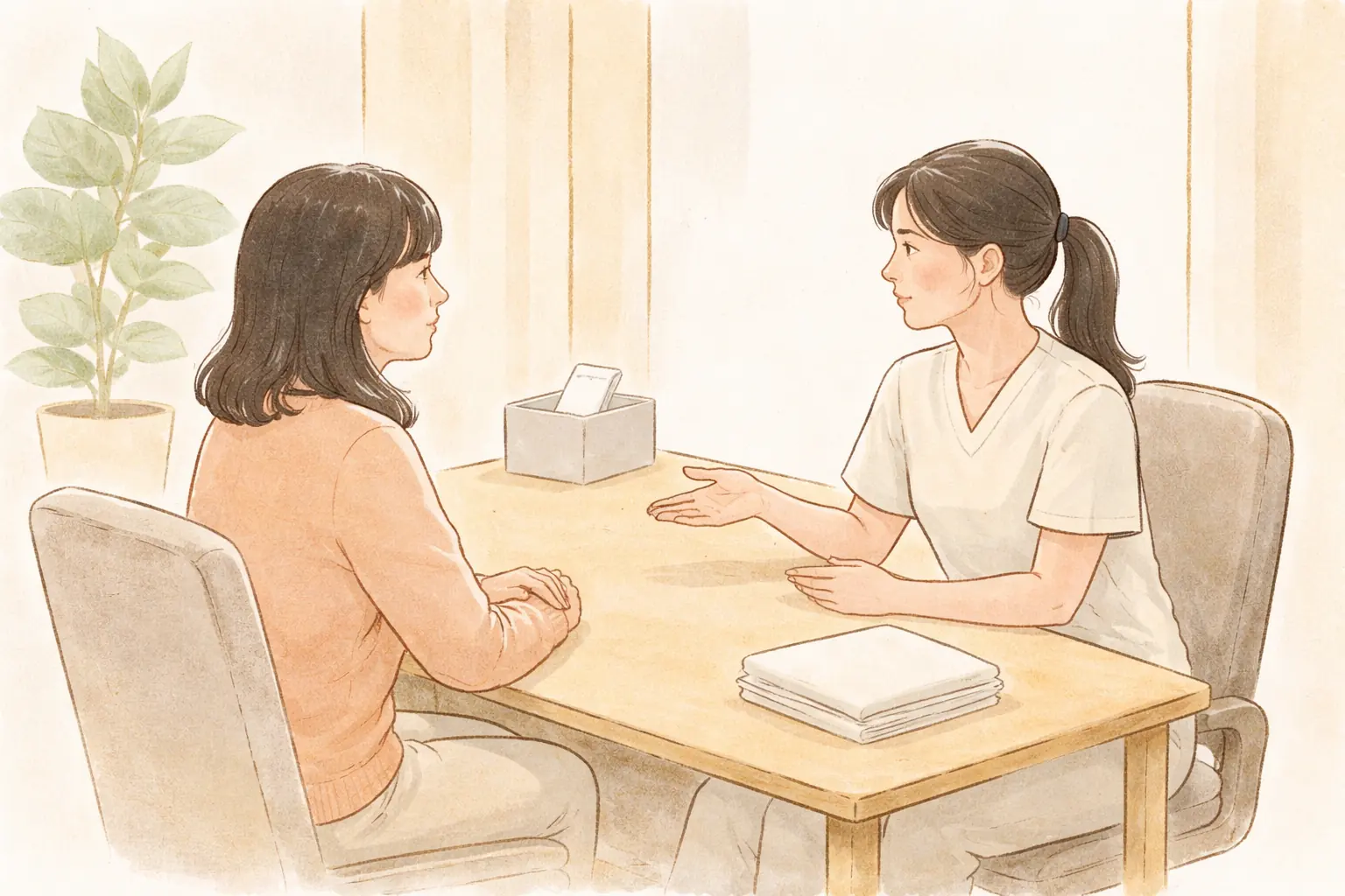 상담실에서 책상에 마주 앉아 이야기를 나누는 두 여성