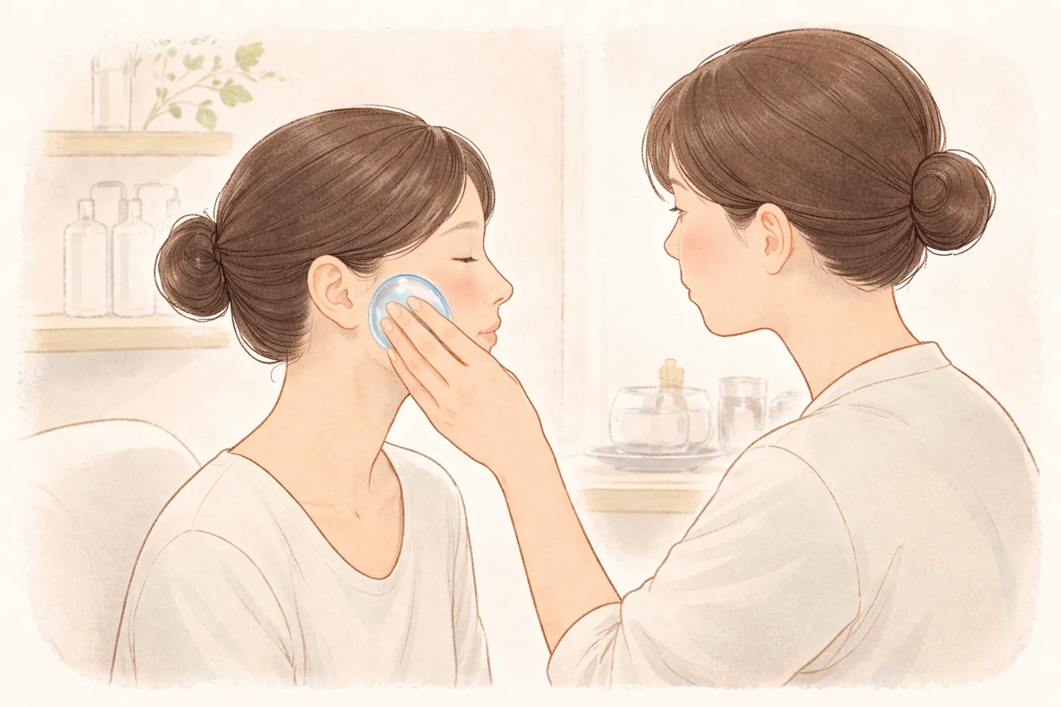 One person seated while another applies a cold gel pad to her cheek