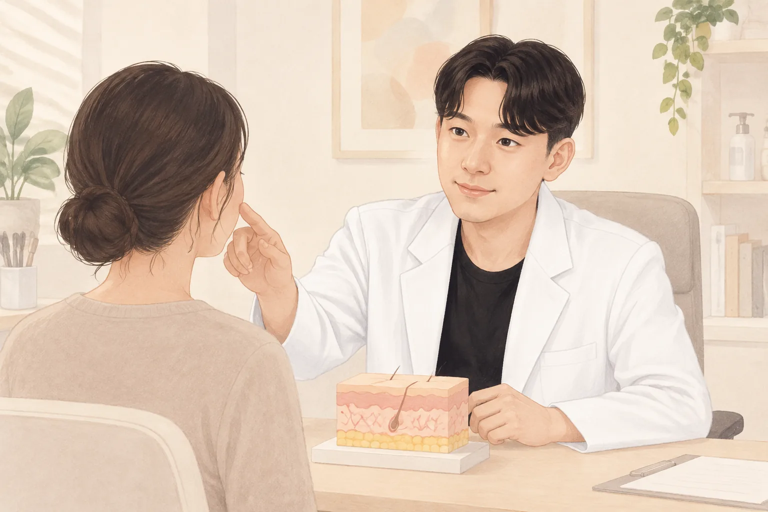 의사가 환자의 볼을 가리키며 상담하는 모습