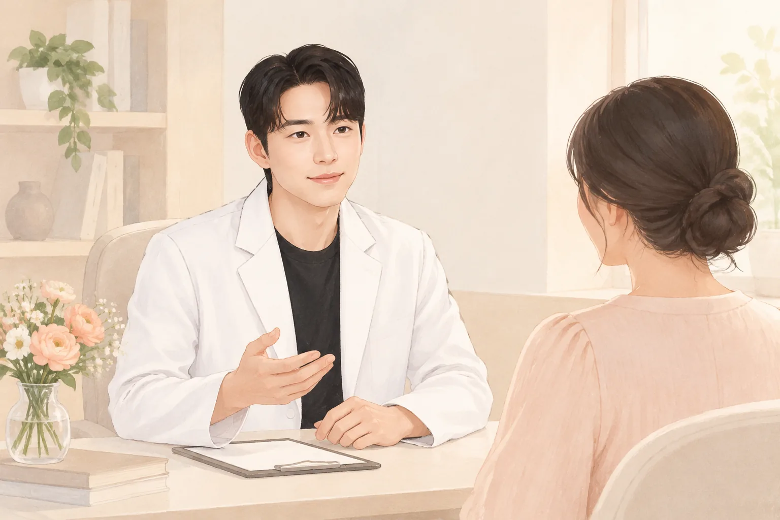 花の置かれた机を挟んで女性と話す白い白衣の男性