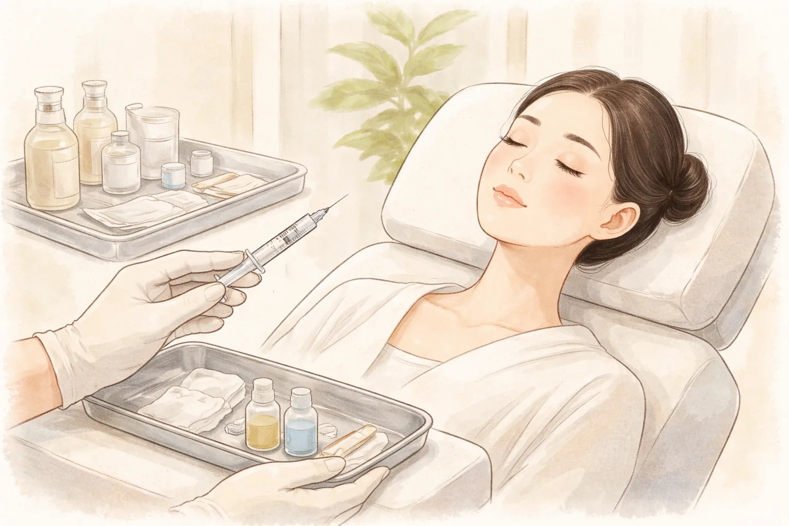 Tangan bersarung medis memegang suntikan sementara wanita berbaring di tempat tidur