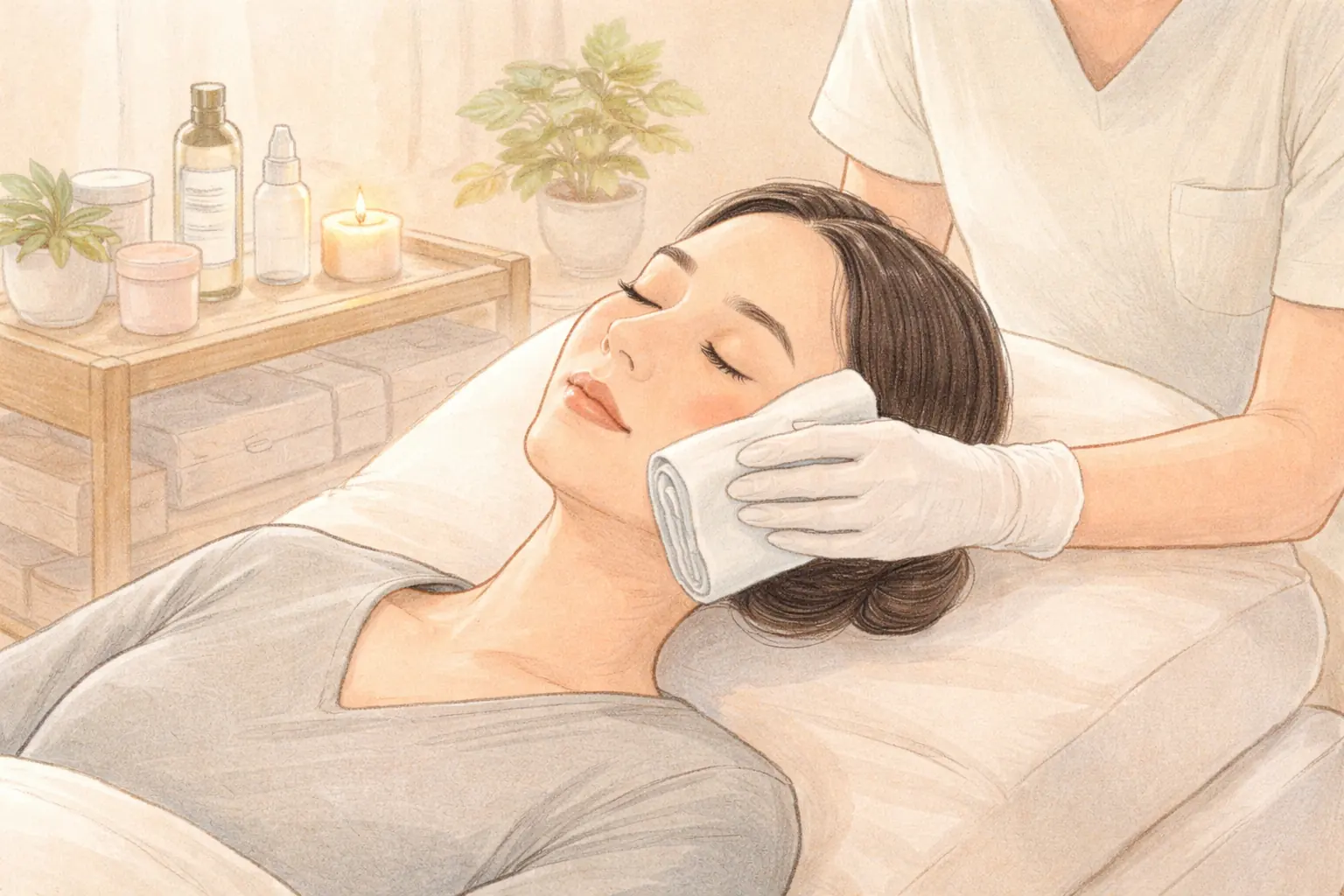 女性閉眼躺著，戴手套的手將布料貼在其臉上