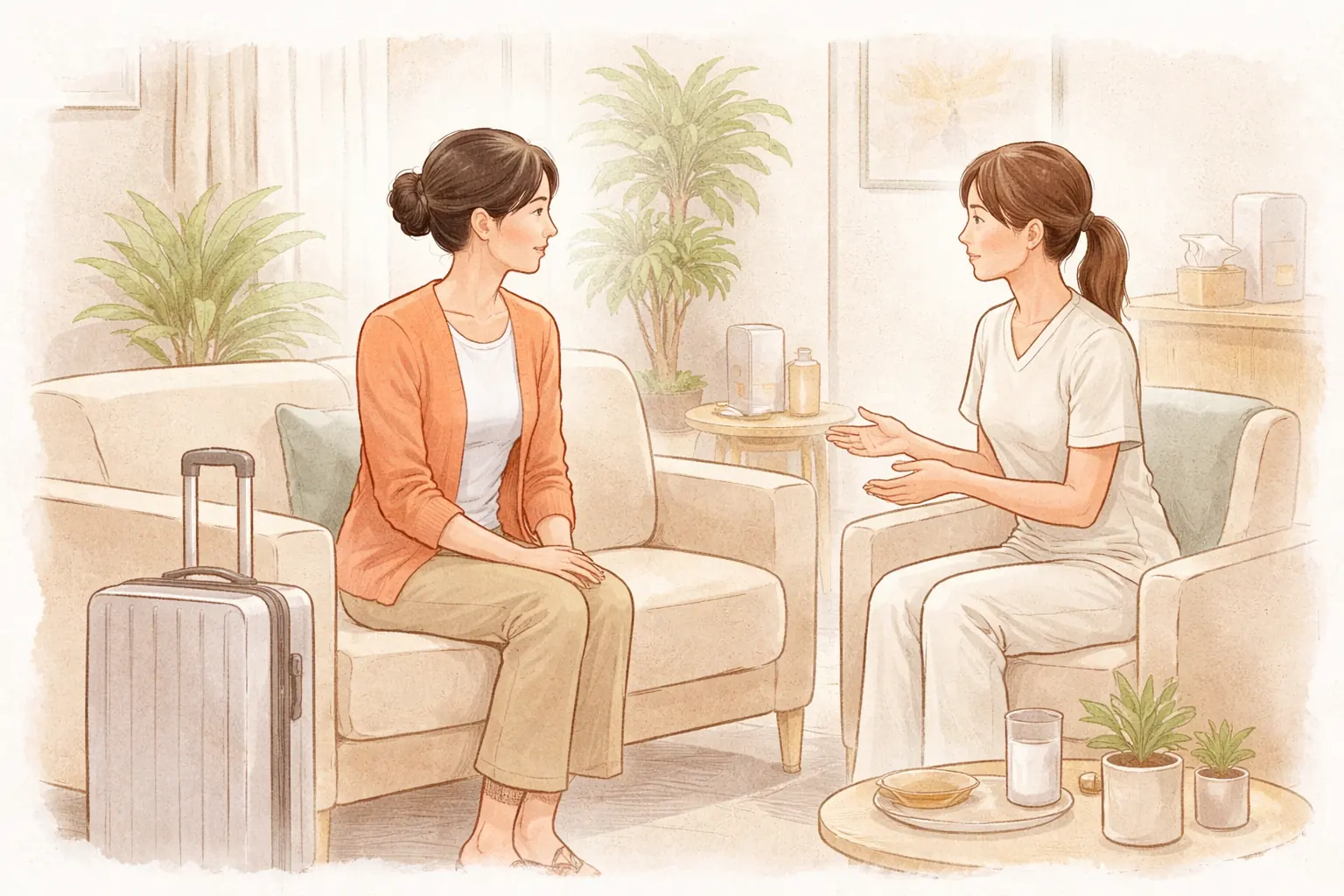 兩位女性坐在行李箱旁與醫療人員諮詢