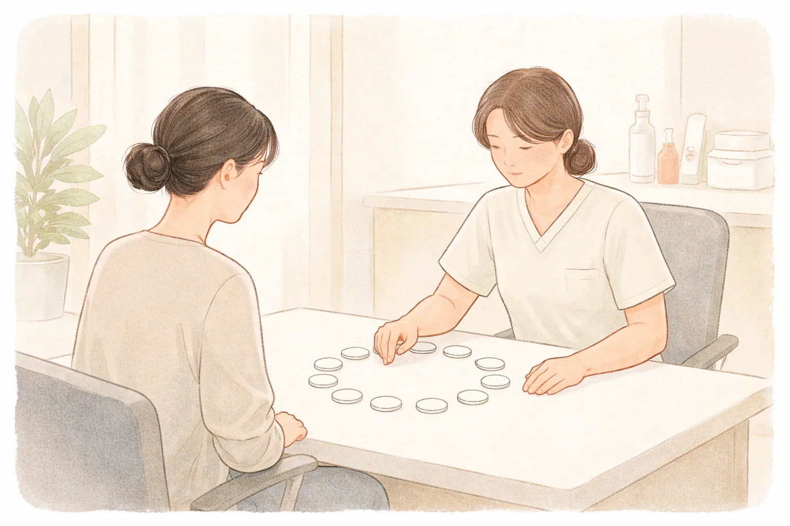 医护人员和女性看着咨询桌围成一圈的标记
