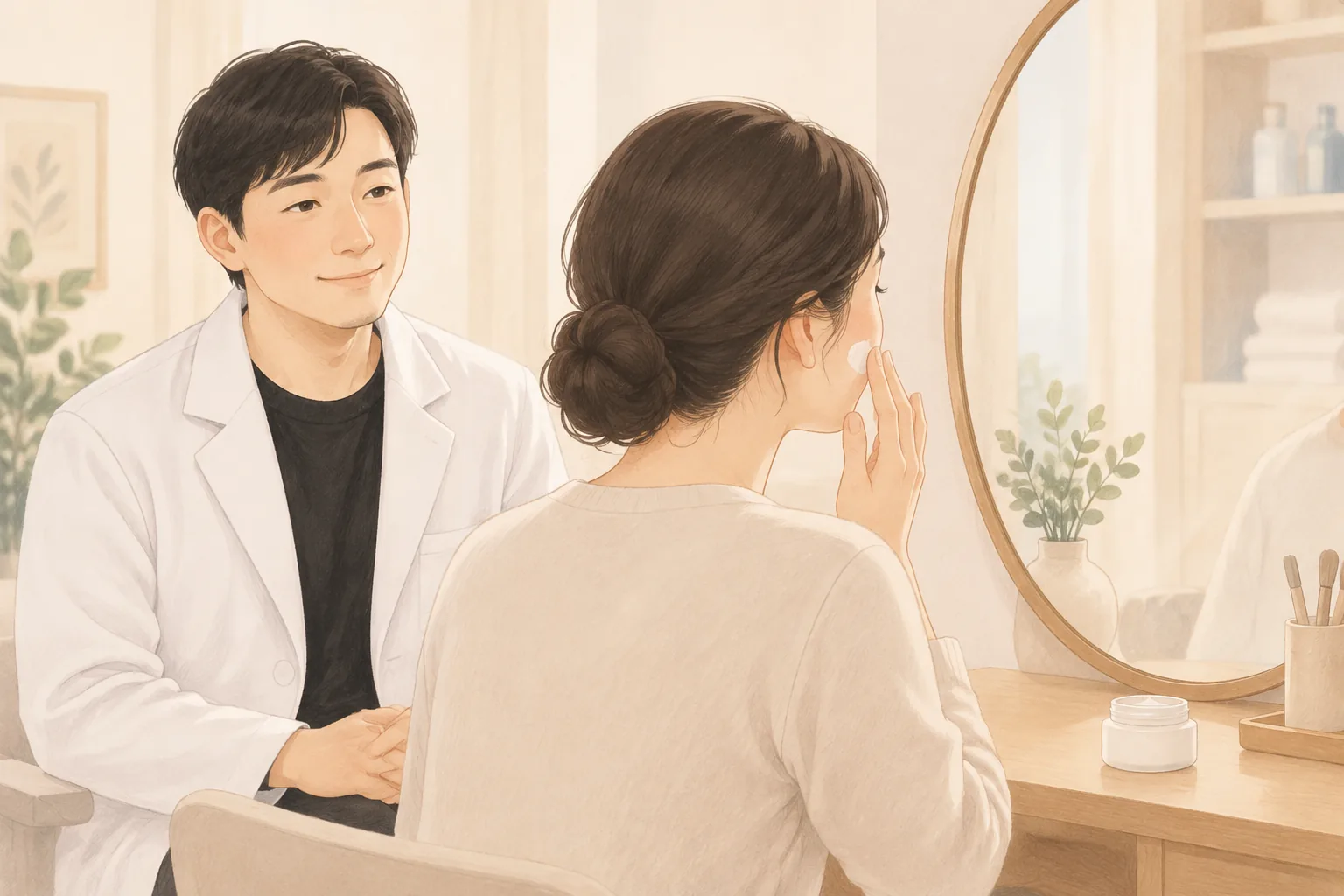 거울 앞에서 얼굴에 보습제를 바르는 여성과 그 뒤에 앉아 있는 남성