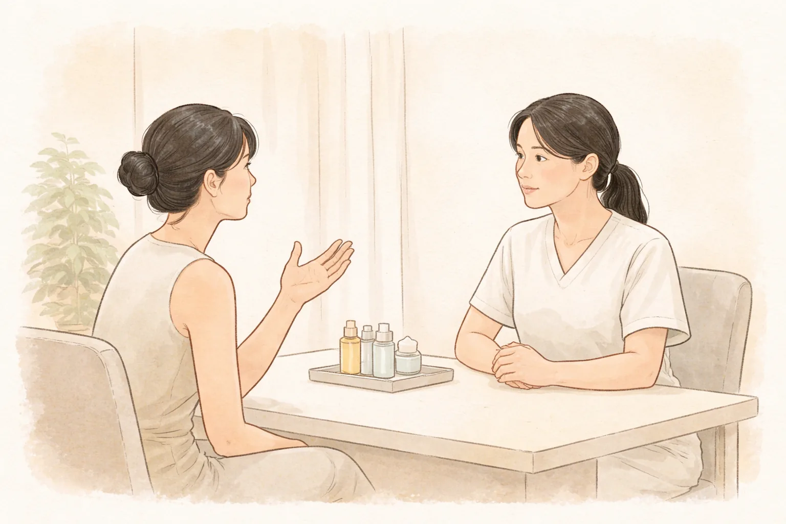 Two women talking face to face in a consultation room with containers on the desk