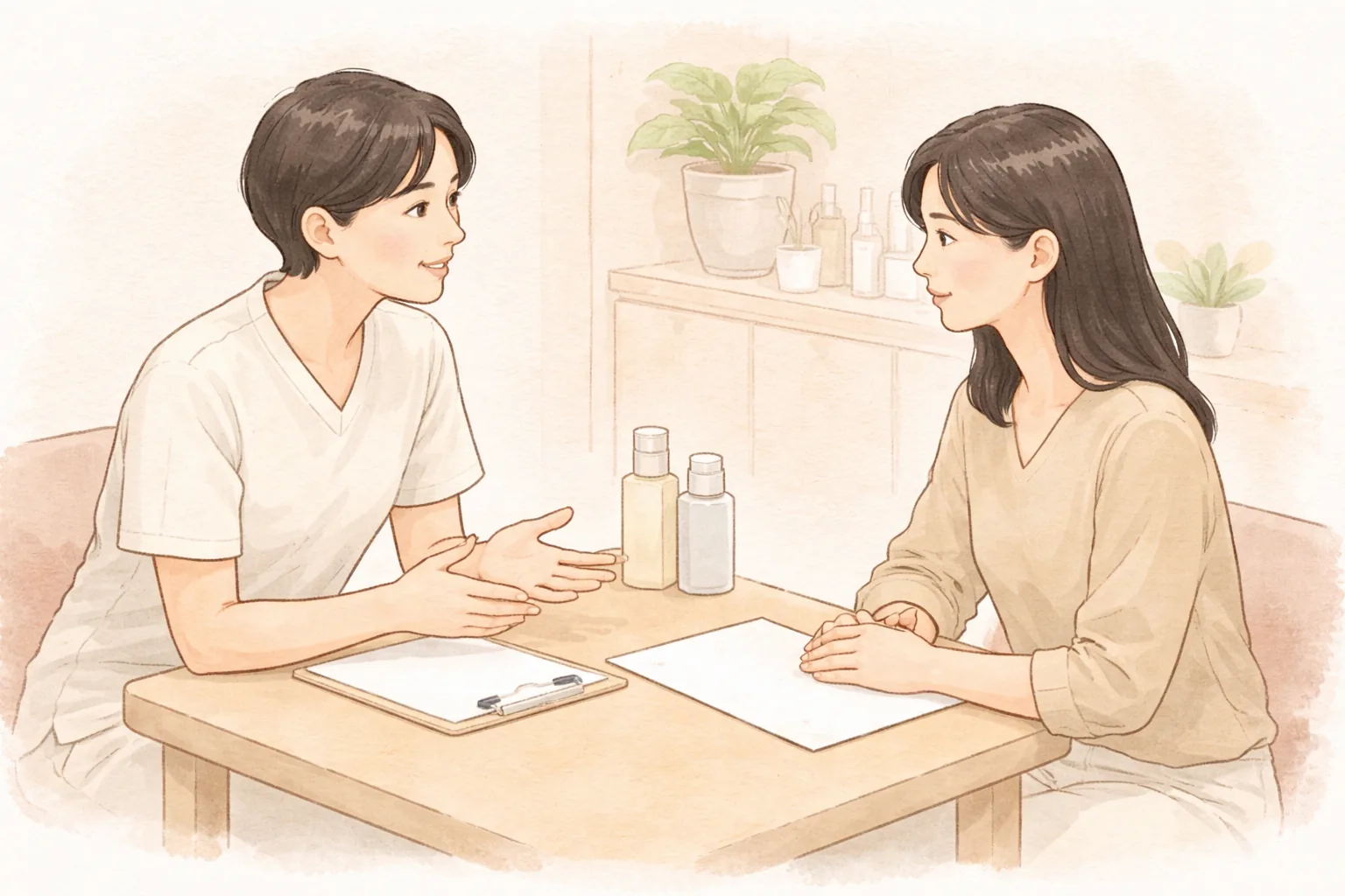 Profesional médico y dos mujeres conversando sentados ante una mesa baja