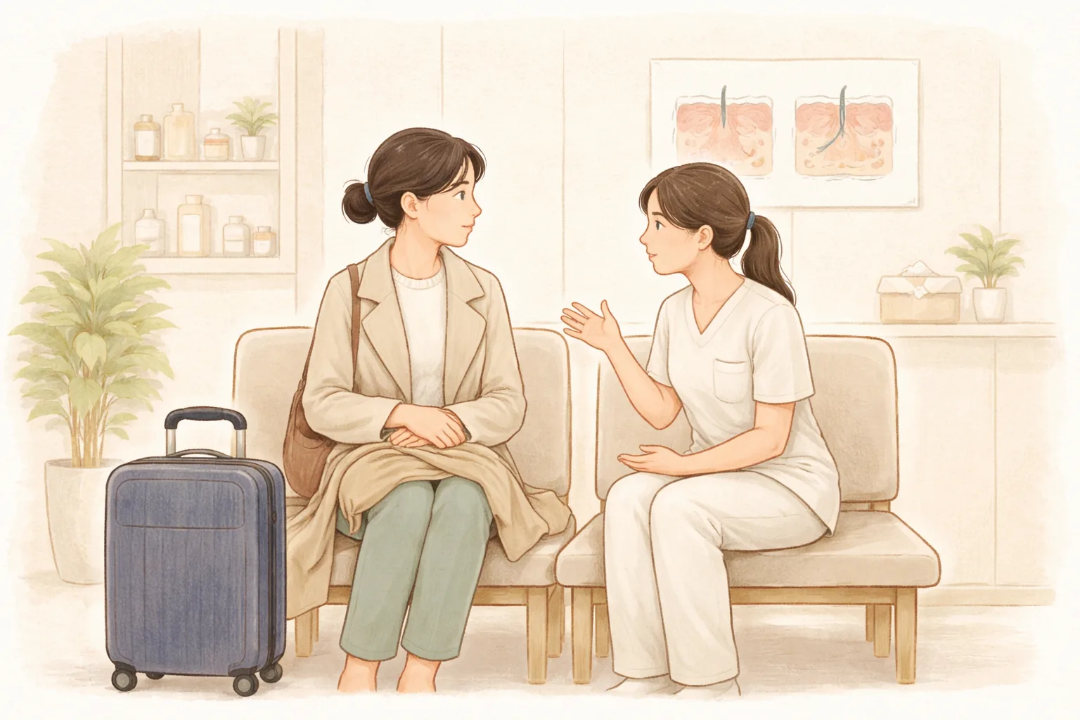 Two women talking in a waiting area with a suitcase beside them