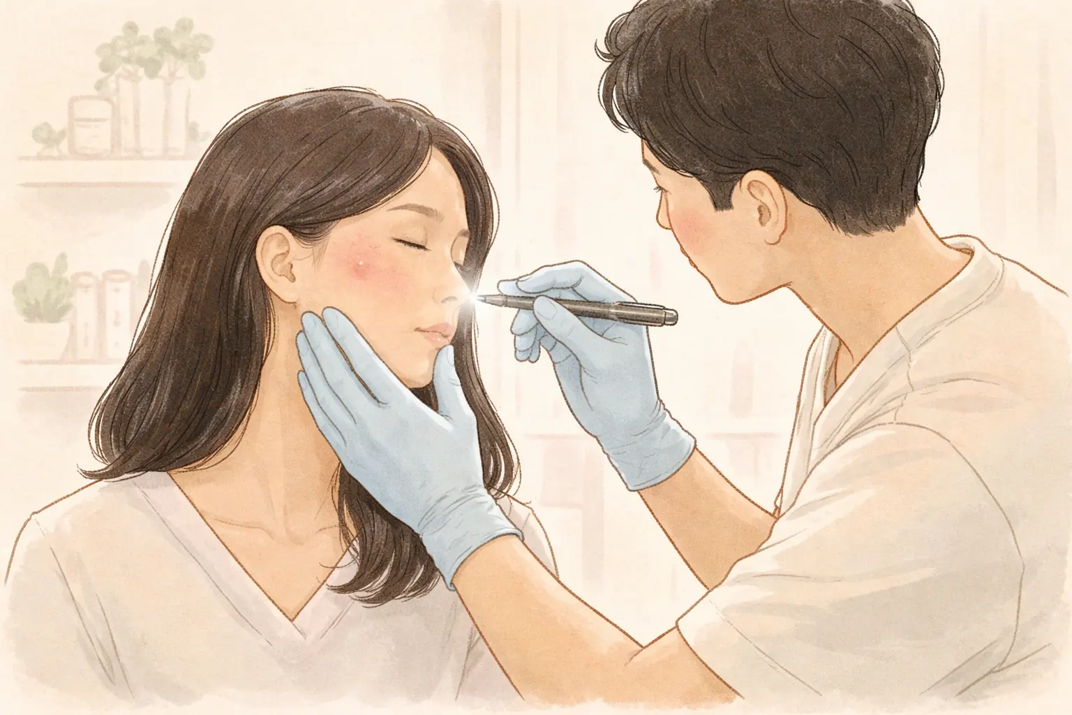 手袋の医療スタッフがペンライトで女性の顔を確認する様子