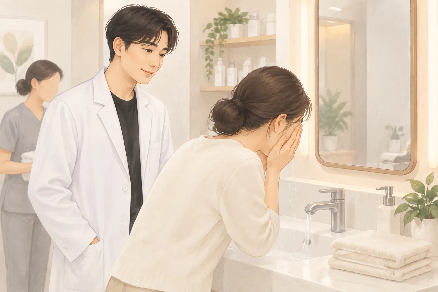 세면대 앞에서 한 여성이 손으로 얼굴을 씻고 있고, 남성이 흰 가운을 입고 옆에 서 있음
