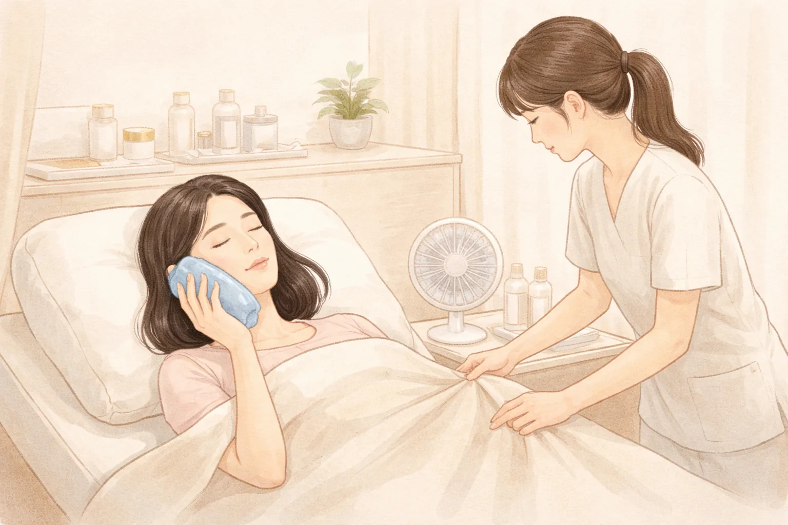 침대에 누운 여성이 볼에 쿨링 젤 팩을 대고 있고 간호사가 옆에서 이불을 정리함