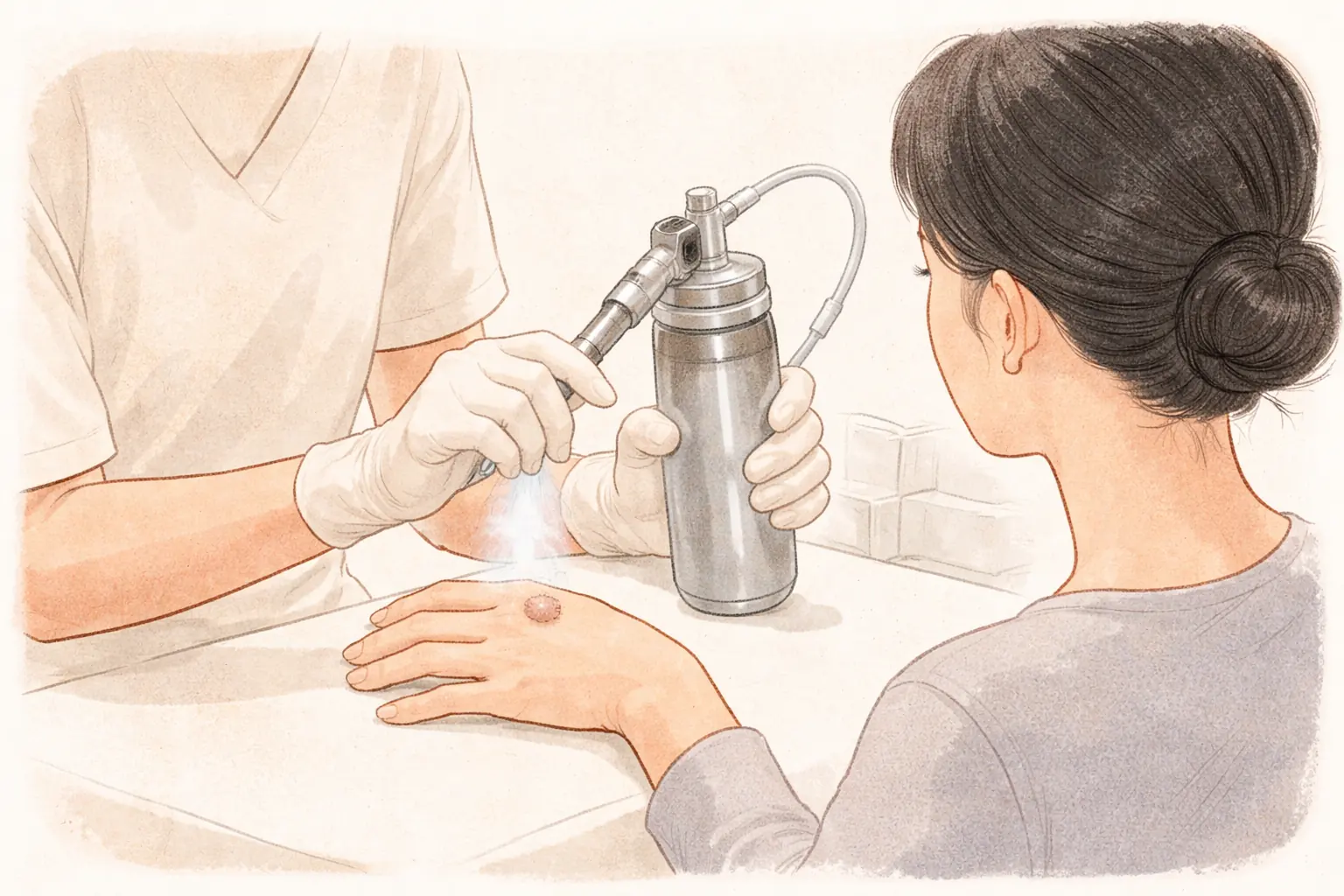 장갑 낀 의료진이 여성 손 병변에 냉동 치료 기구를 대고 있음
