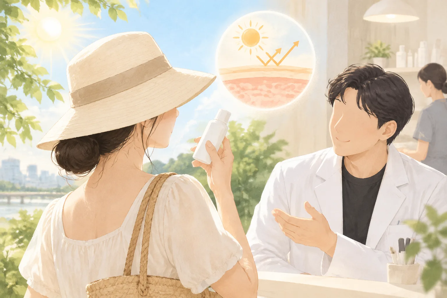 戴宽檐帽的女子与穿白大褂的男子咨询