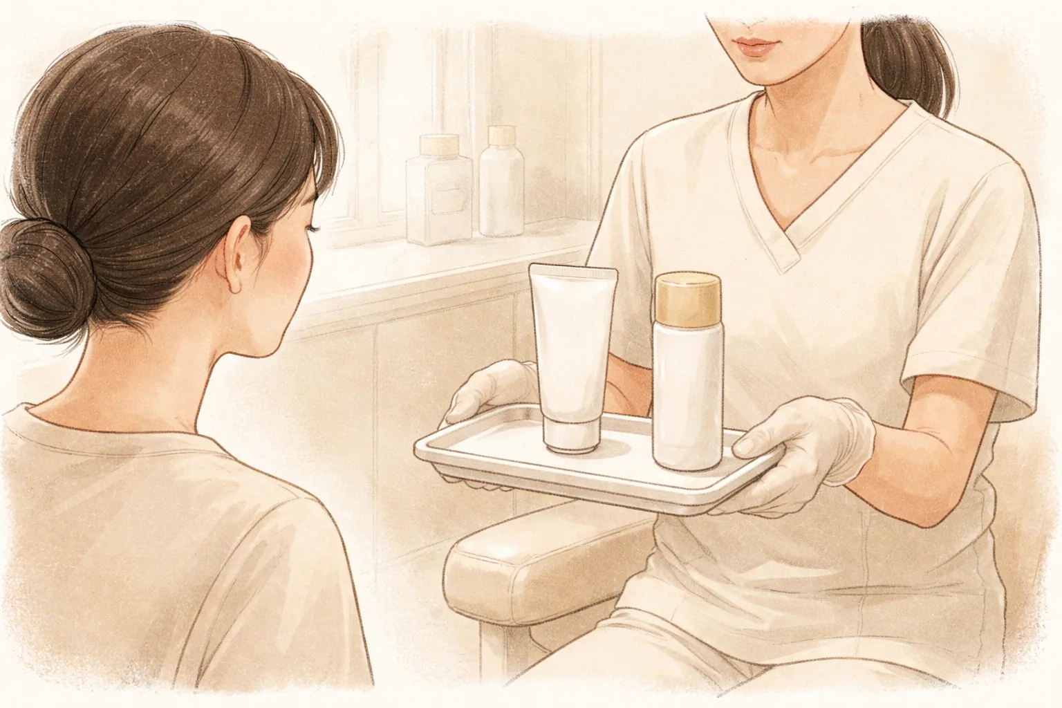한 사람이 두 손으로 트레이를 든 채 보습제와 자외선 차단제 용기를 보여주고 다른 사람이 보고 있는 모습