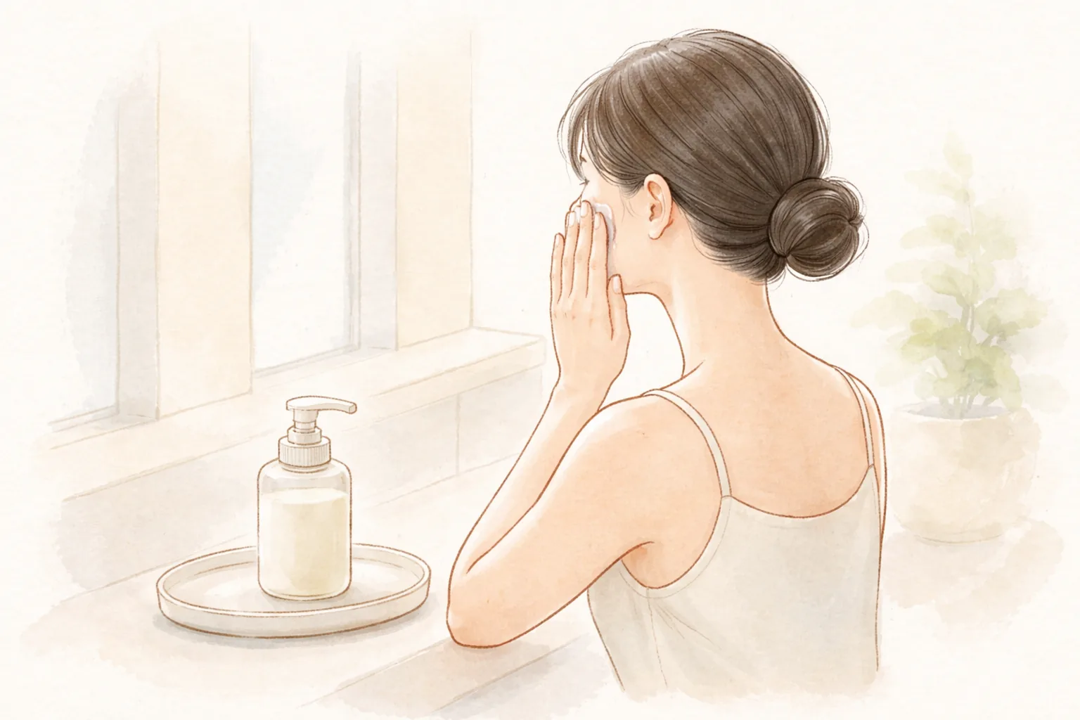 女性が指先で頬に保湿剤を塗る様子