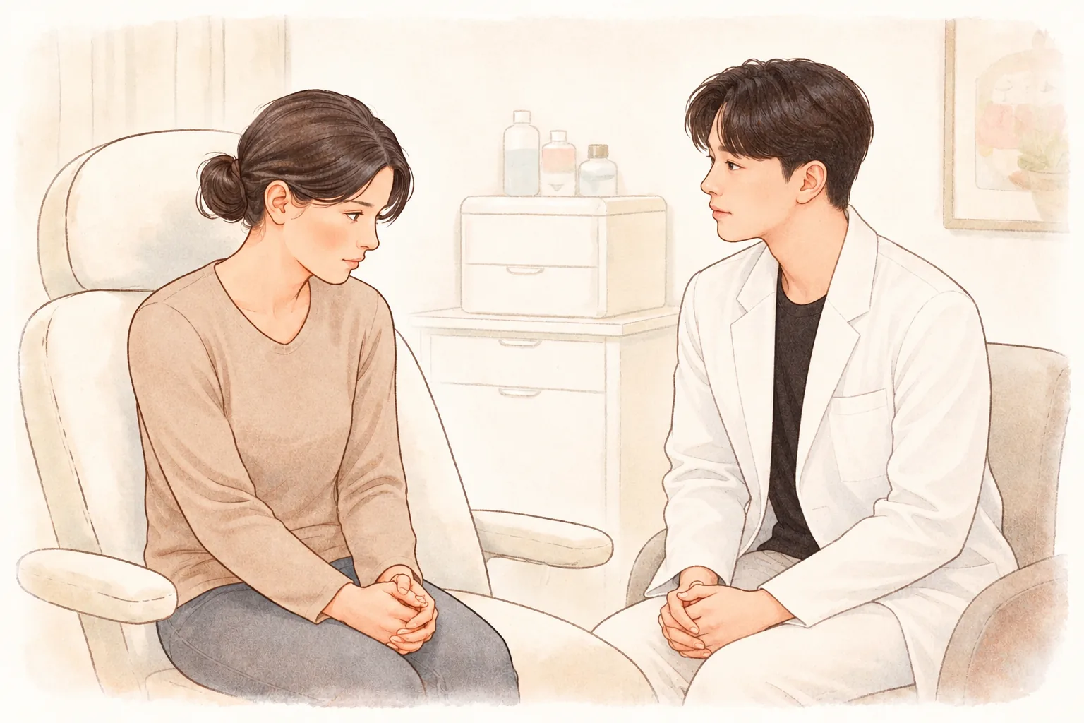 A nervous-looking woman consulting a male doctor in a white coat