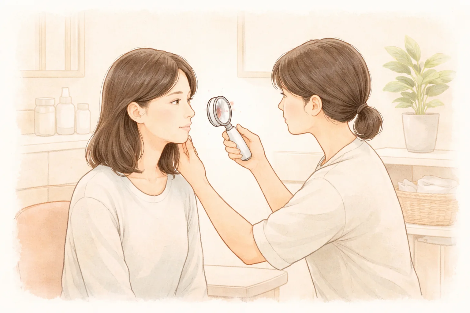 Personal médico examinando la mejilla de una paciente con una lupa en la consulta