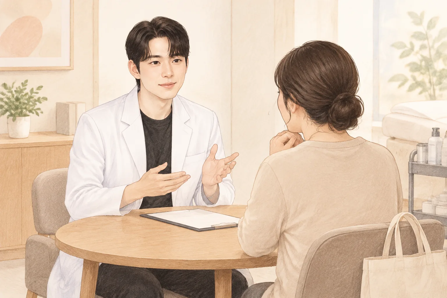 작은 원형 테이블 건너편에 앉아 대화하는 남성 원장과 여성 환자
