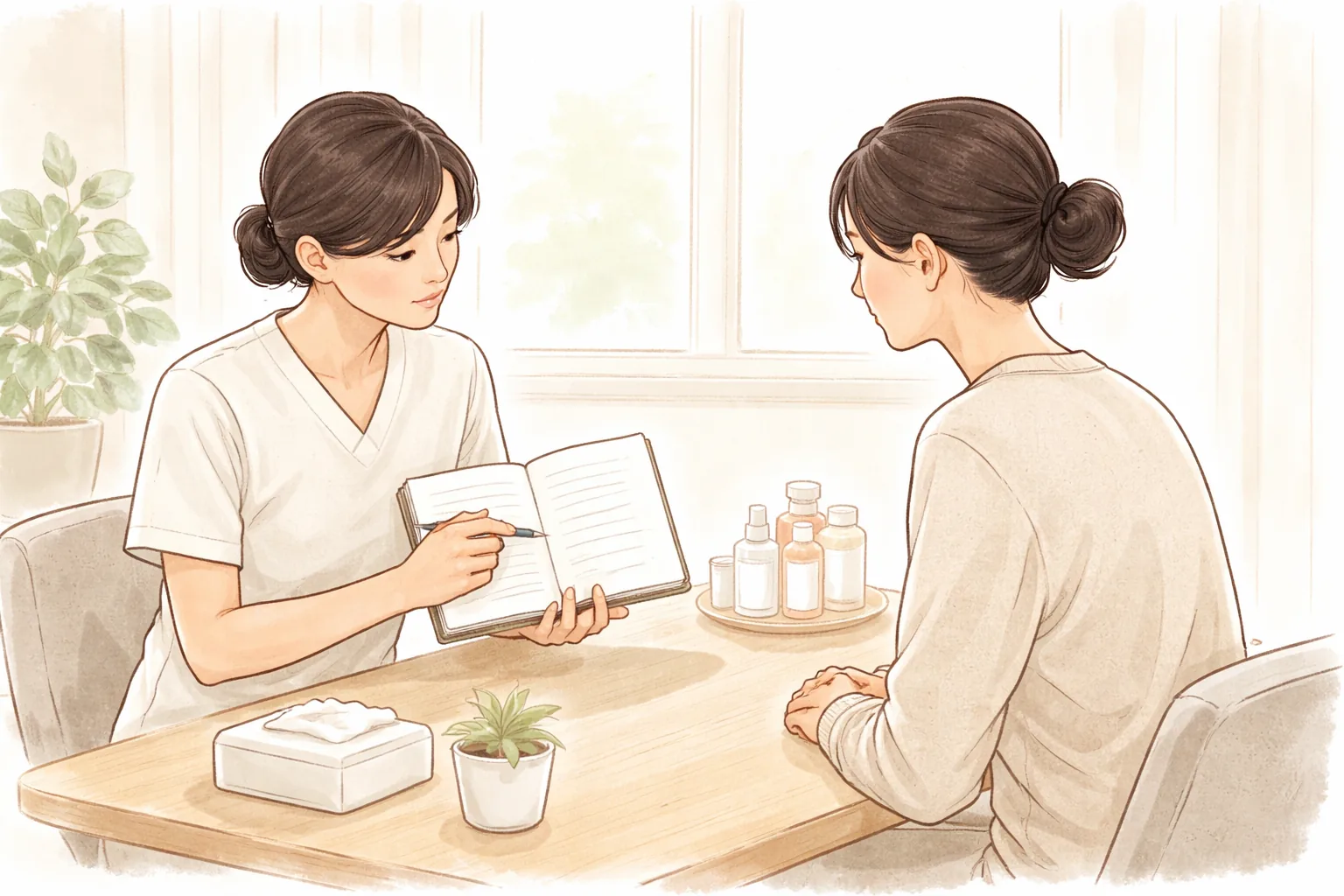낮은 테이블에서 수첩을 들고 설명하는 의료진과 마주 앉은 여성