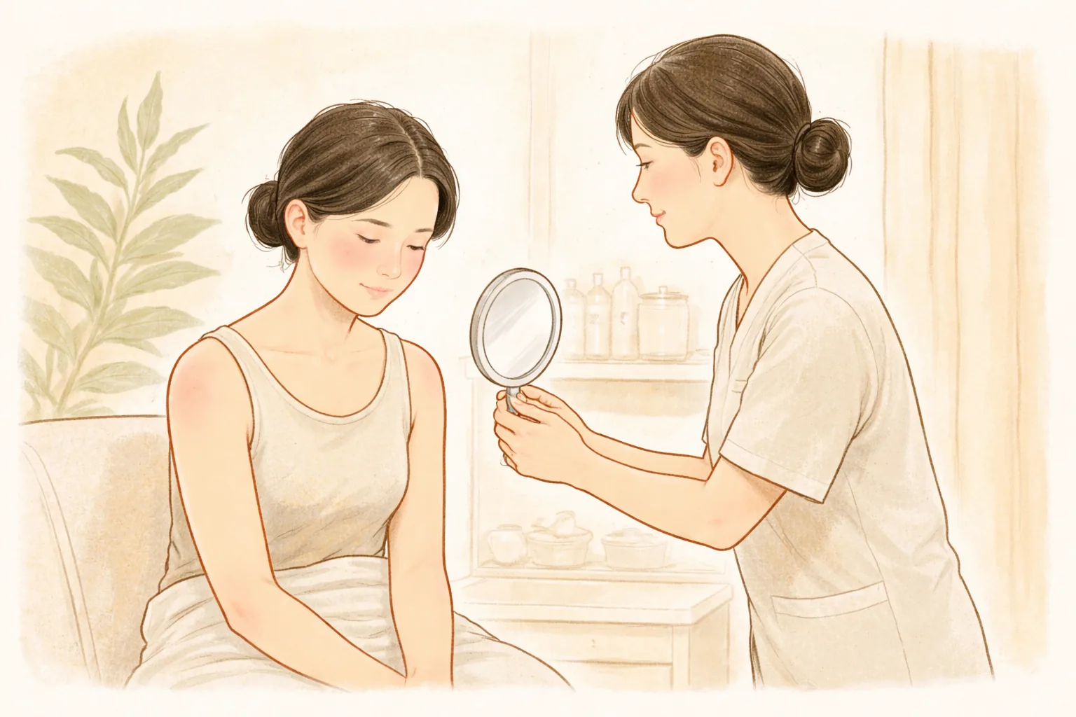Woman with reddened cheeks and a clinician holding a small mirror