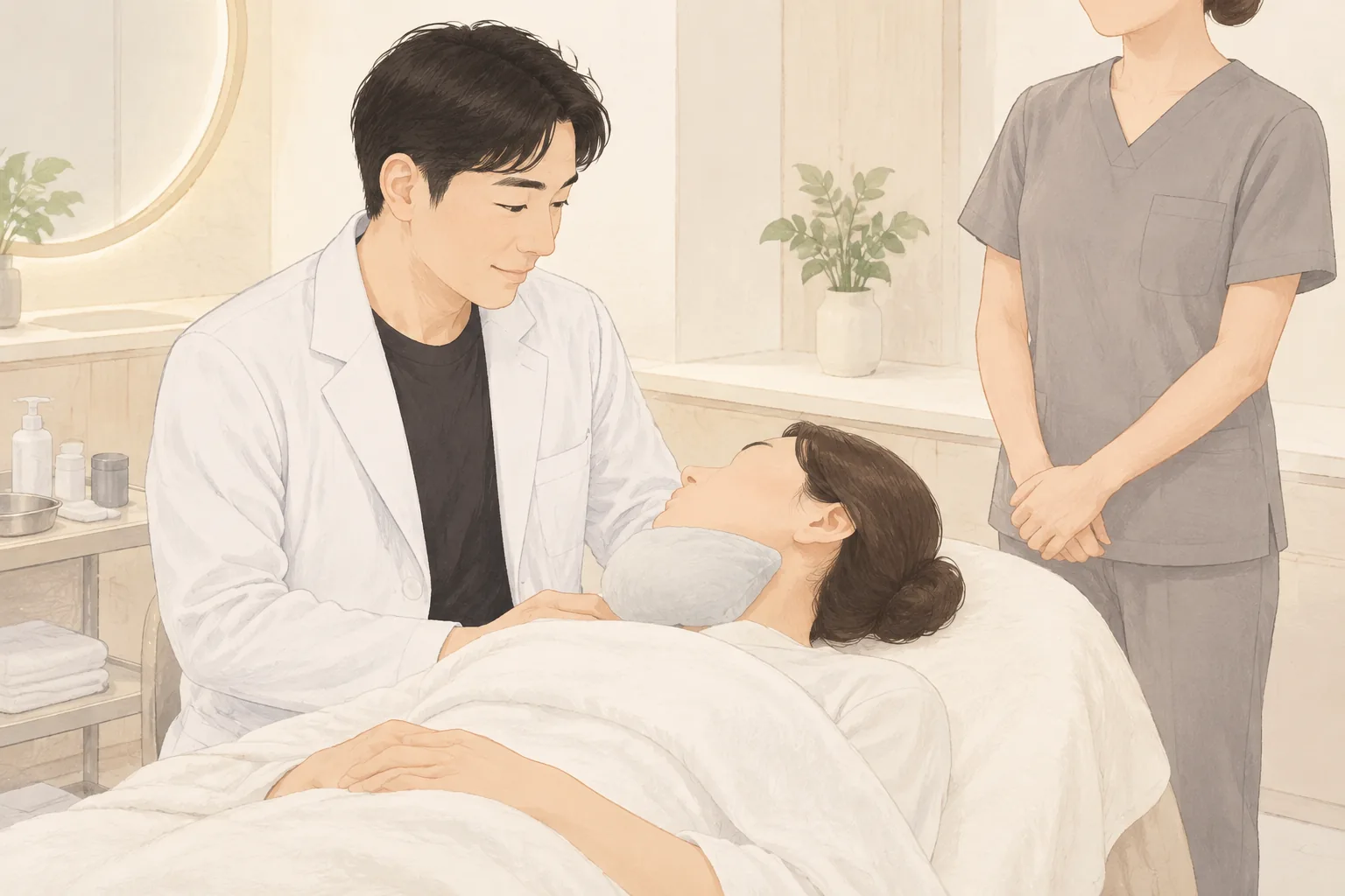 턱 밑에 천으로 싼 냉찜질팩을 얹고 침대에 누운 여성과 여성 옆에 있는 두 명의 의료진