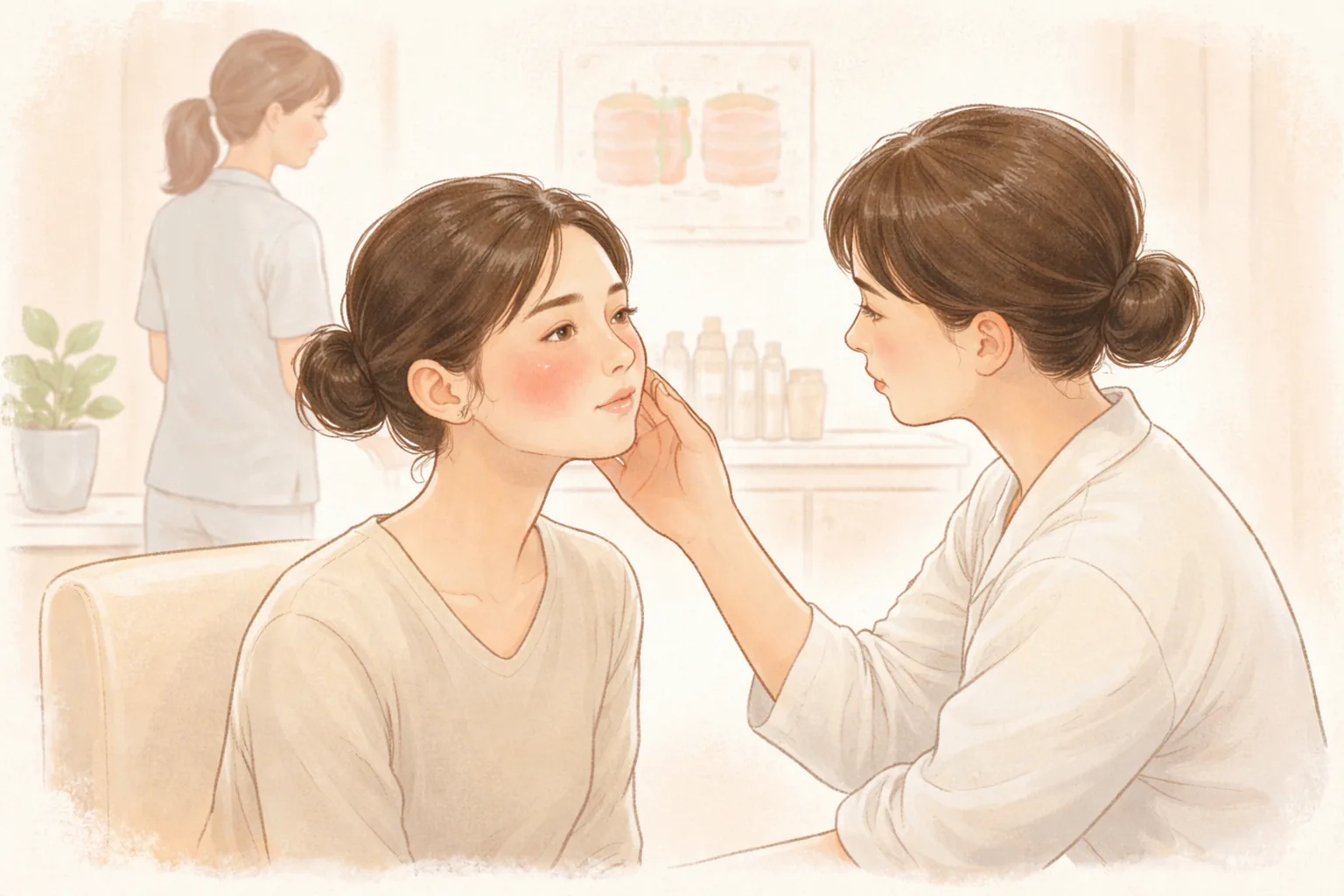 진료복을 입은 의료진이 앉아 있는 환자의 붉어진 볼을 살펴보는 모습