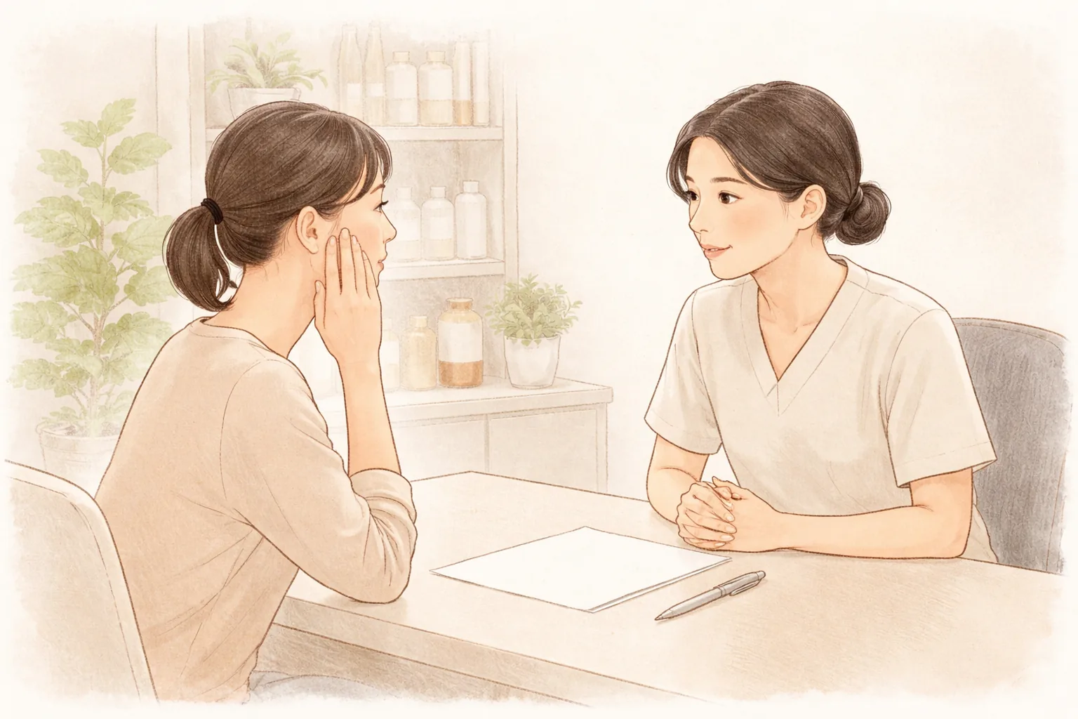 상담실 책상에서 볼을 짚으며 이야기하는 여성과 듣는 의료진