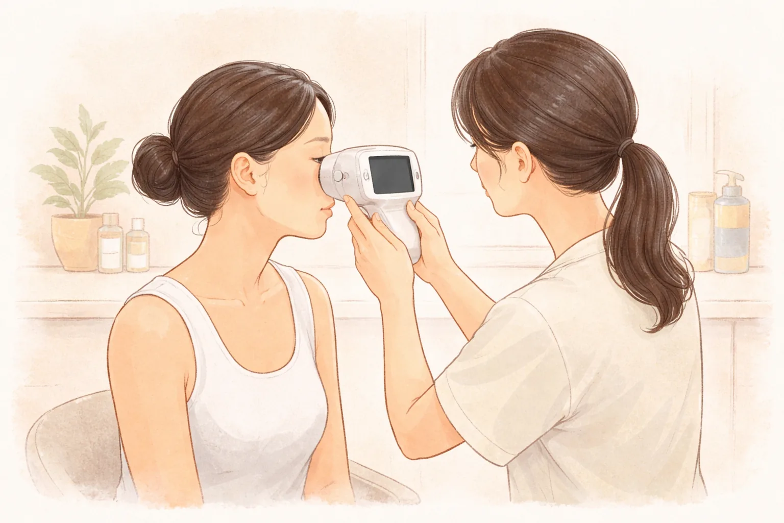 Woman having her cheek photographed with a skin analysis camera