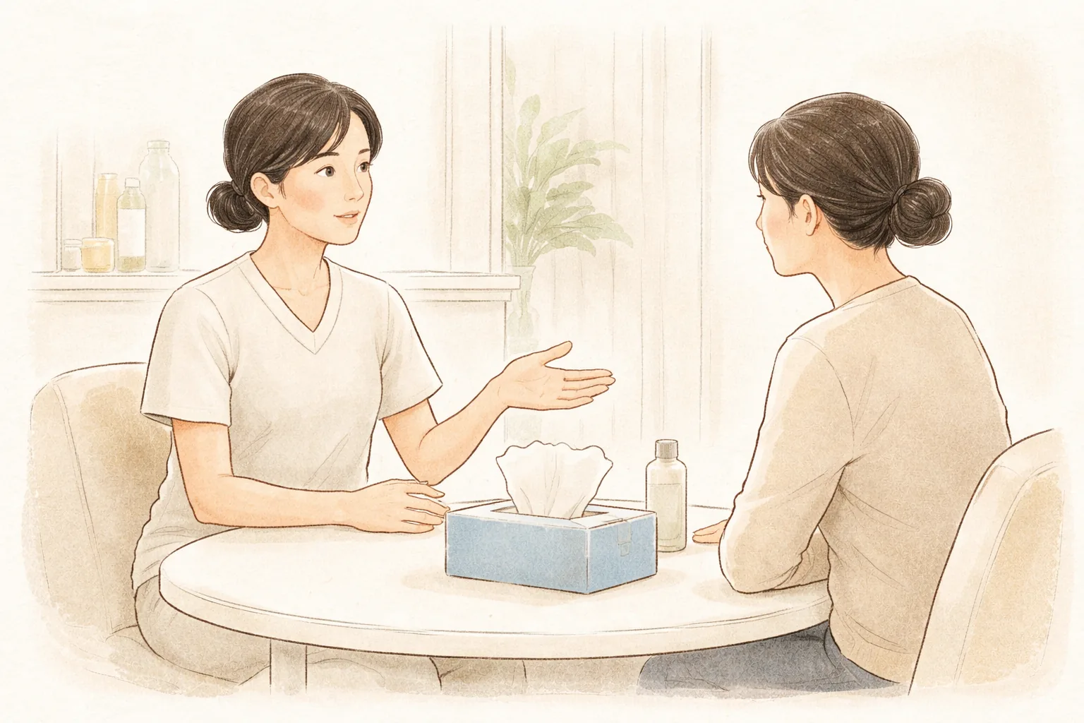 Médico explicando en la consulta y perfil de una mujer que escucha