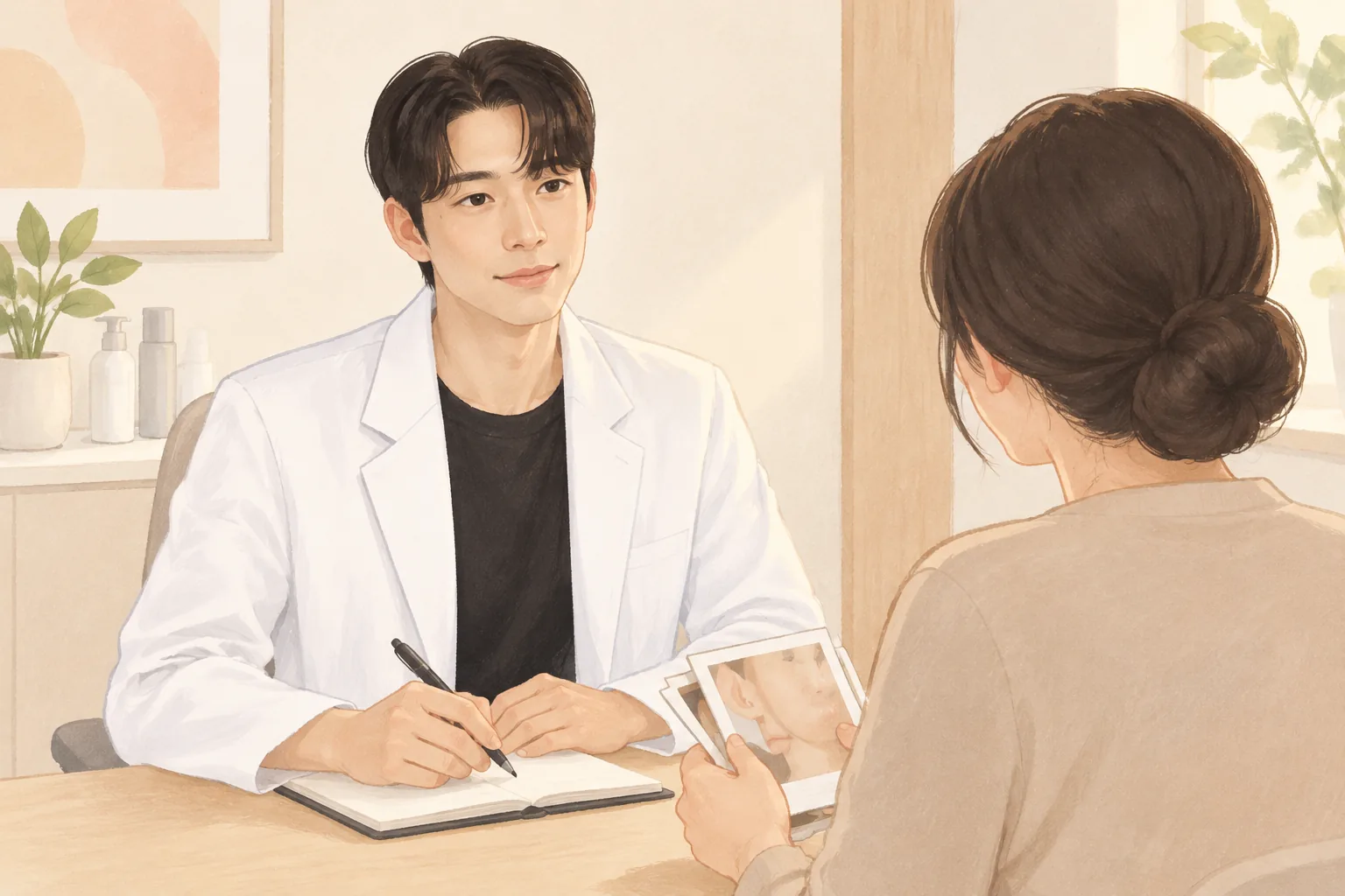 مريضة تحمل صورًا وطبيب يسجّل ملاحظات على طاولة الاستشارة