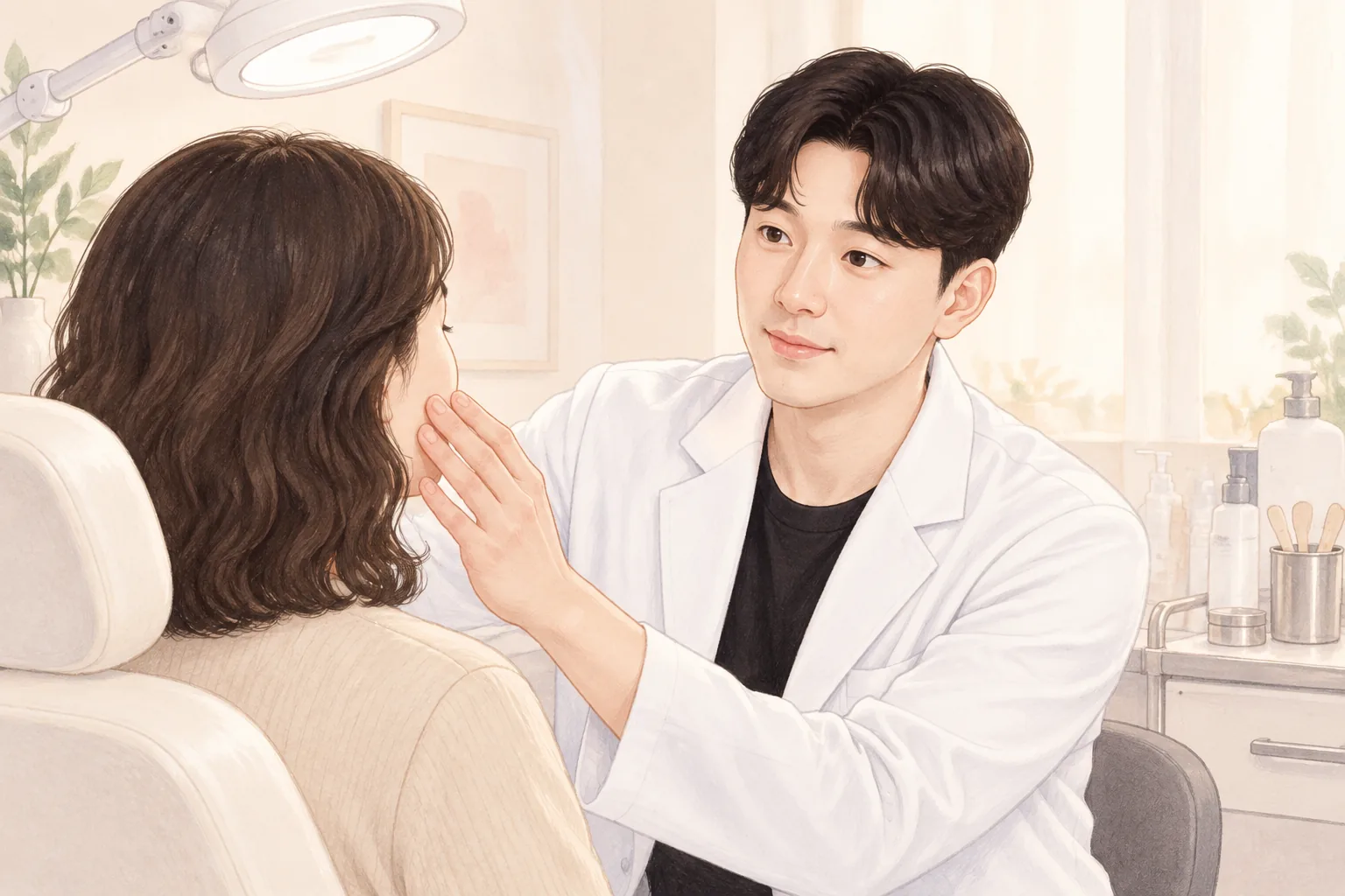 男性が女性の頬を優しく見つめ手で触れる様子
