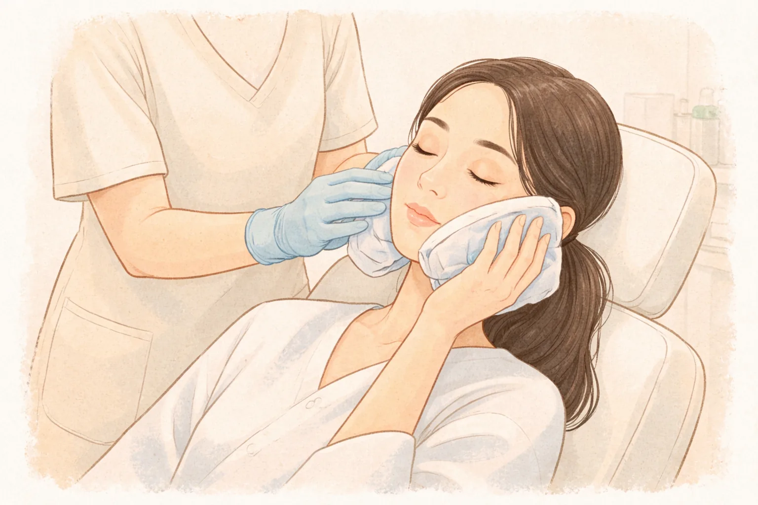 환자가 의자에 앉아 눈을 감고 있고 의료진이 장갑 낀 손으로 양 볼에 냉찜질 팩을 대고 있다