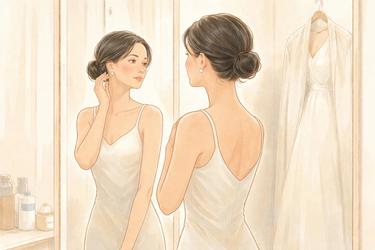 Mujer con vestido blanco mirándose las mejillas en el espejo del probador