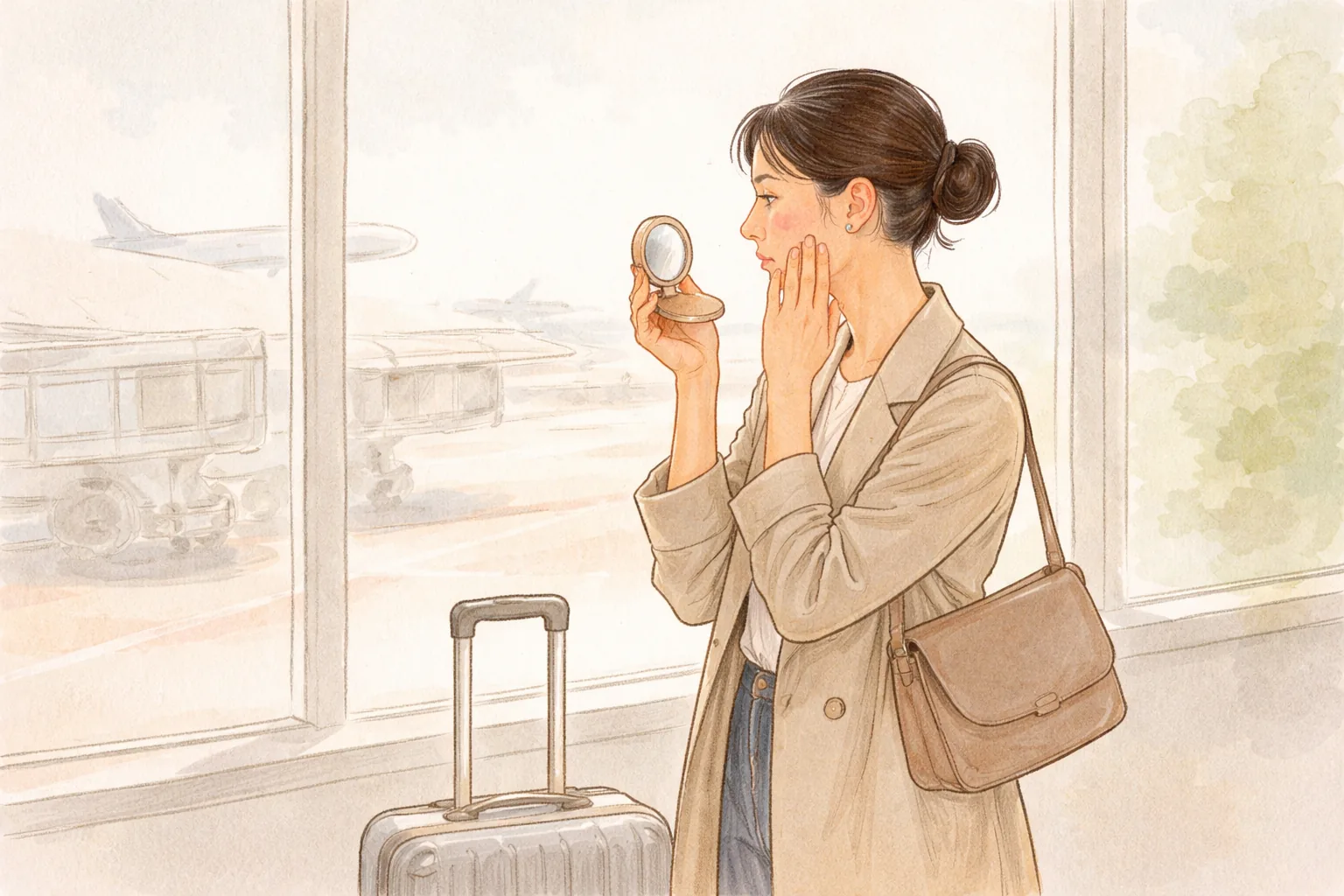 空港の窓際でキャリーケースの横に立ち小さな鏡で頬を見る女性
