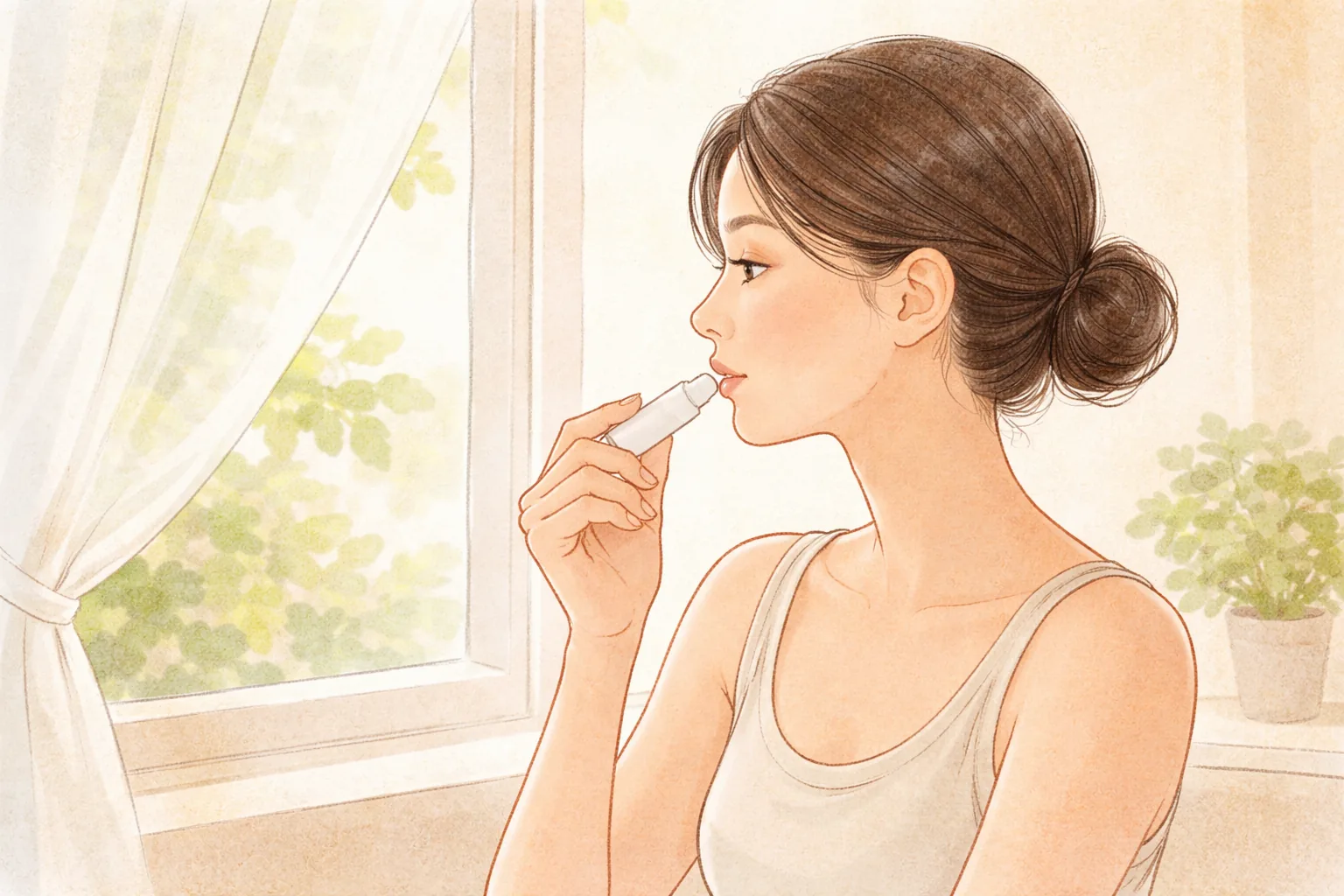 Woman applying a sun protection stick to her lips by a bright window