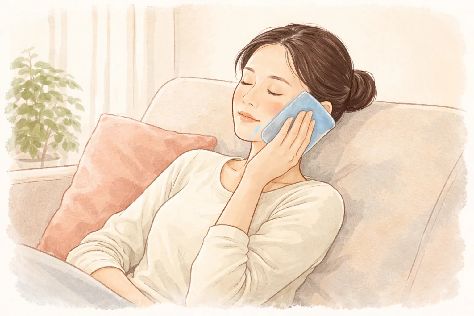 Woman leaning on a sofa with eyes closed and a cold pack on her cheek