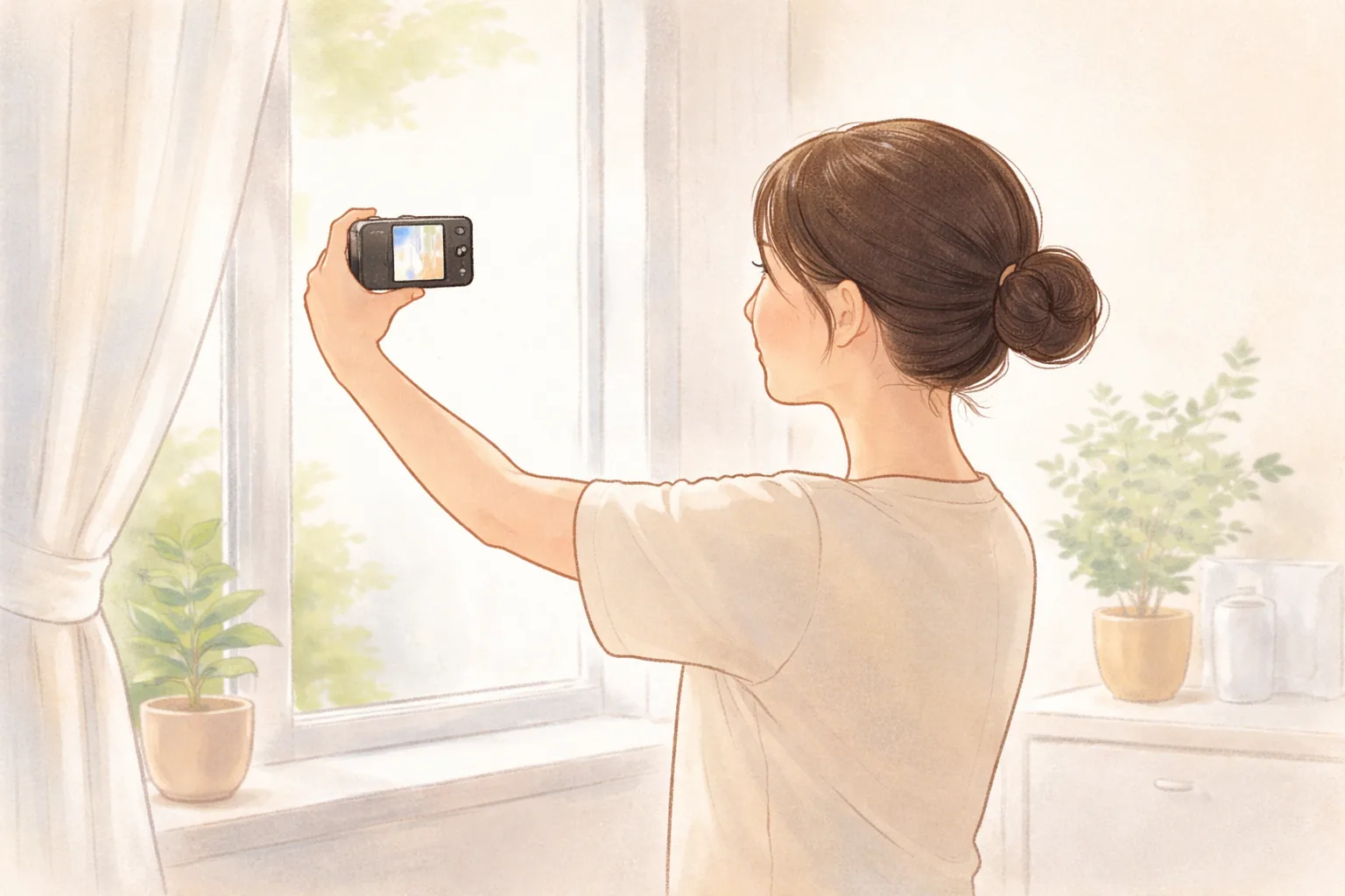 A woman indoors taking a selfie of her face with a small camera