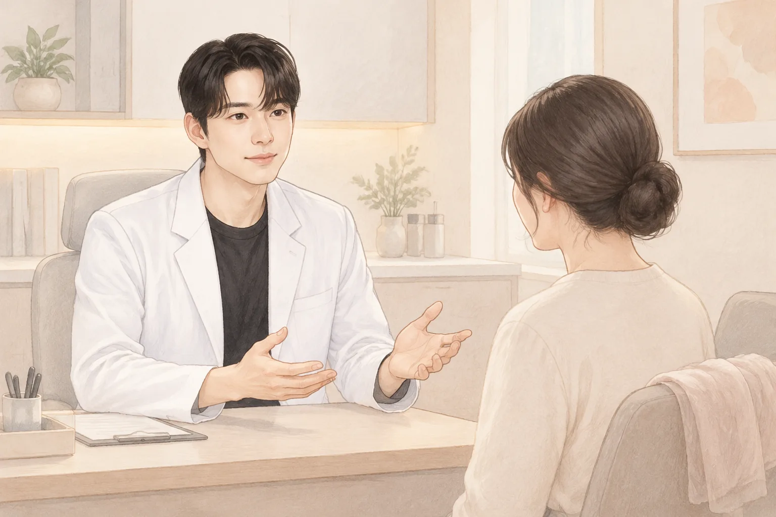 의자에 베일을 두르고 환자와 상담하는 남성 의사와 여성 환자