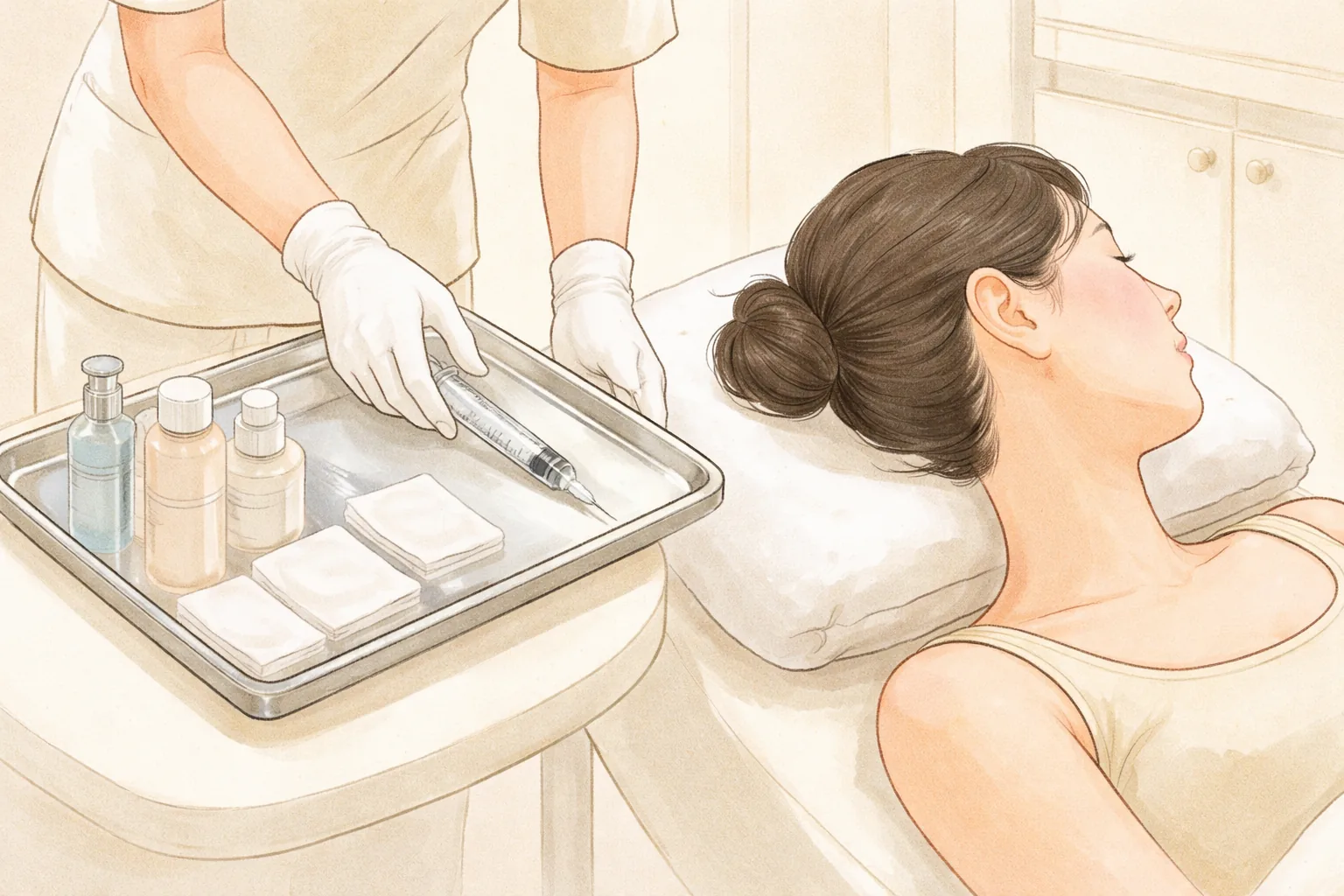 Woman lying on a treatment bed as gloved hands place a capped syringe on a tray