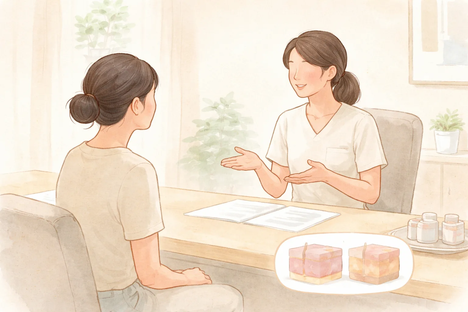 밝은 상담실에서 테이블을 사이에 두고 의료진과 대화하는 여성 두 명