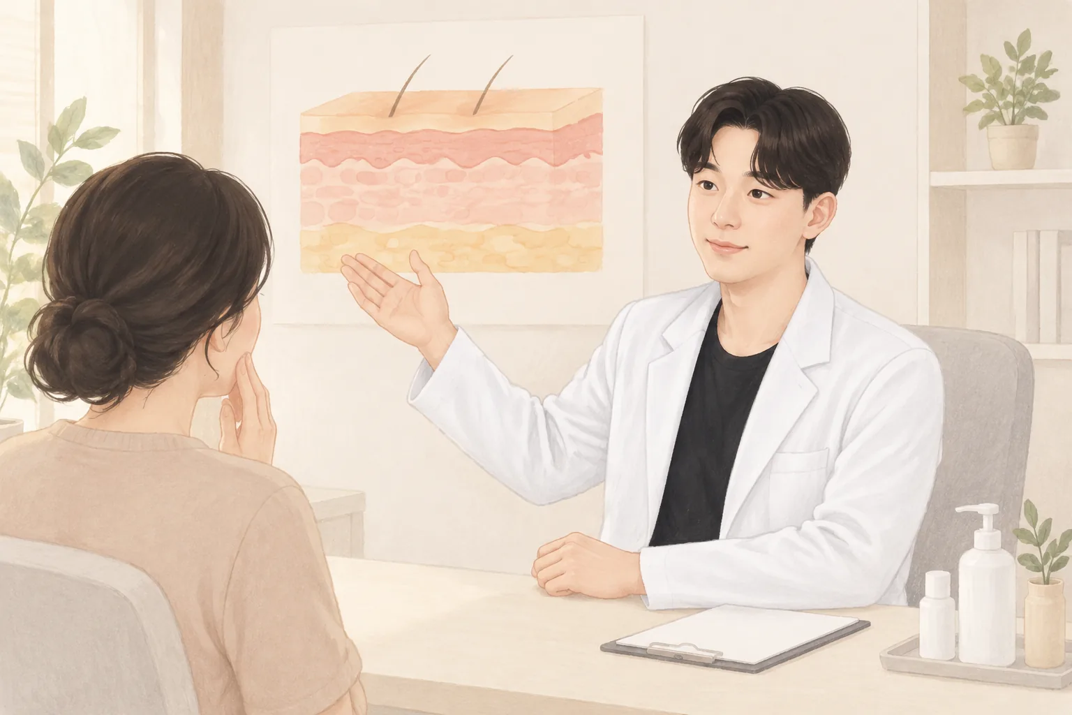 Male doctor consulting a female patient while pointing at a skin cross-section diagram in the clinic
