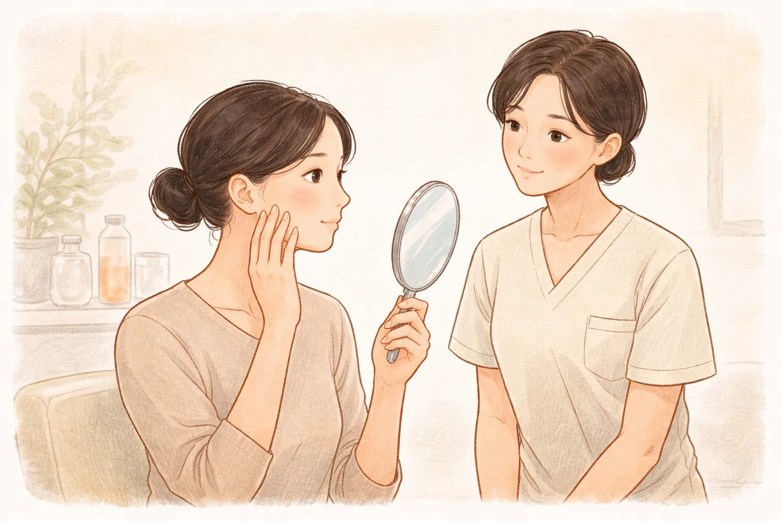 女性手持小鏡子以手指觸摸臉頰，身旁站著穿醫療服的女性