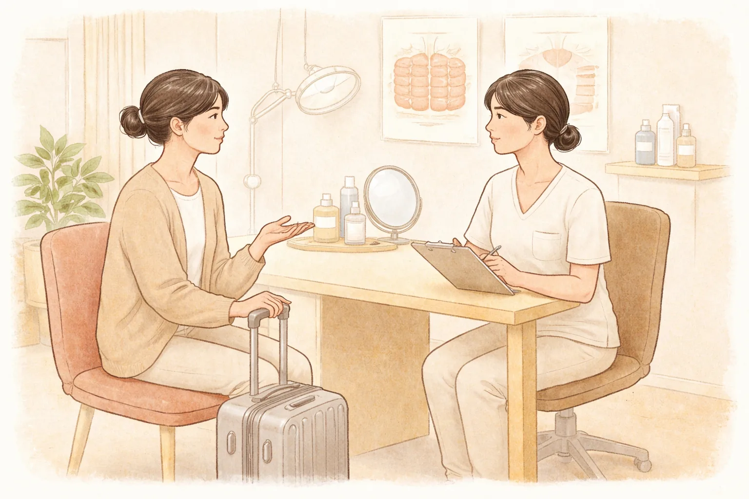 Una mujer sentada junto a una maleta conversando con personal médico