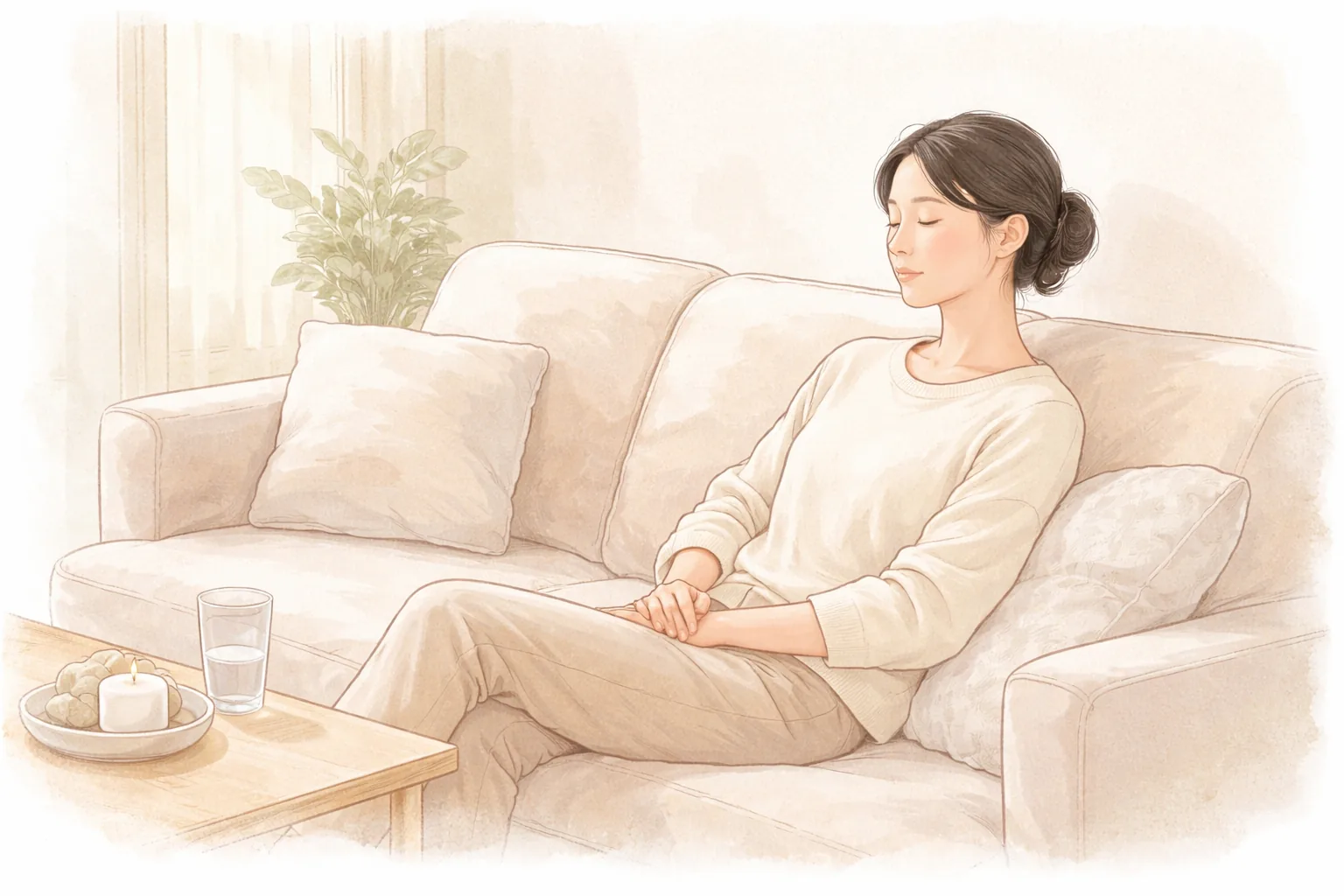 ソファにもたれて手を膝に置き目を閉じている女性