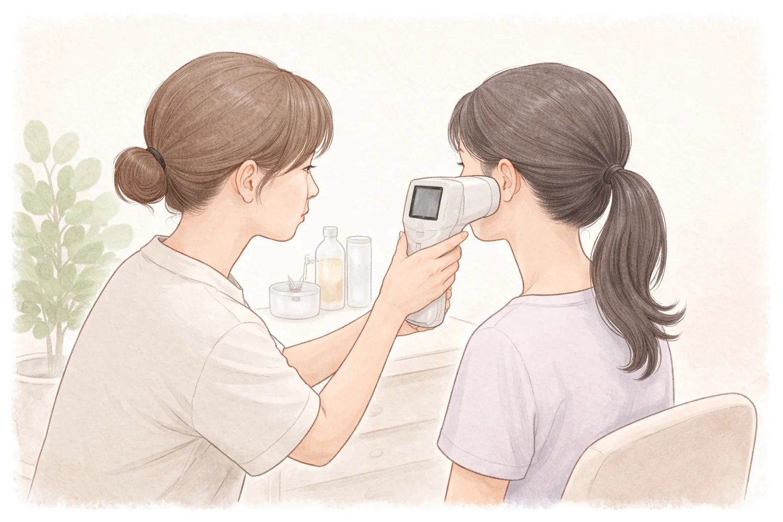 医护人员用皮肤分析相机拍摄女性面颊