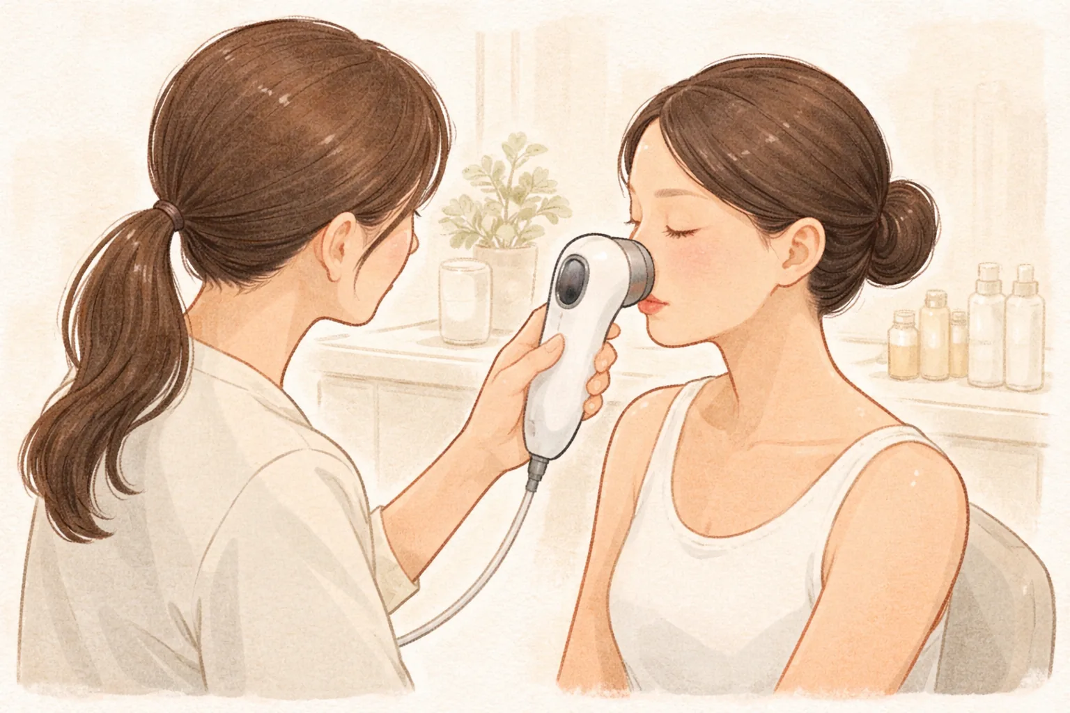 ある人が相手の頬に肌分析カメラを当てている